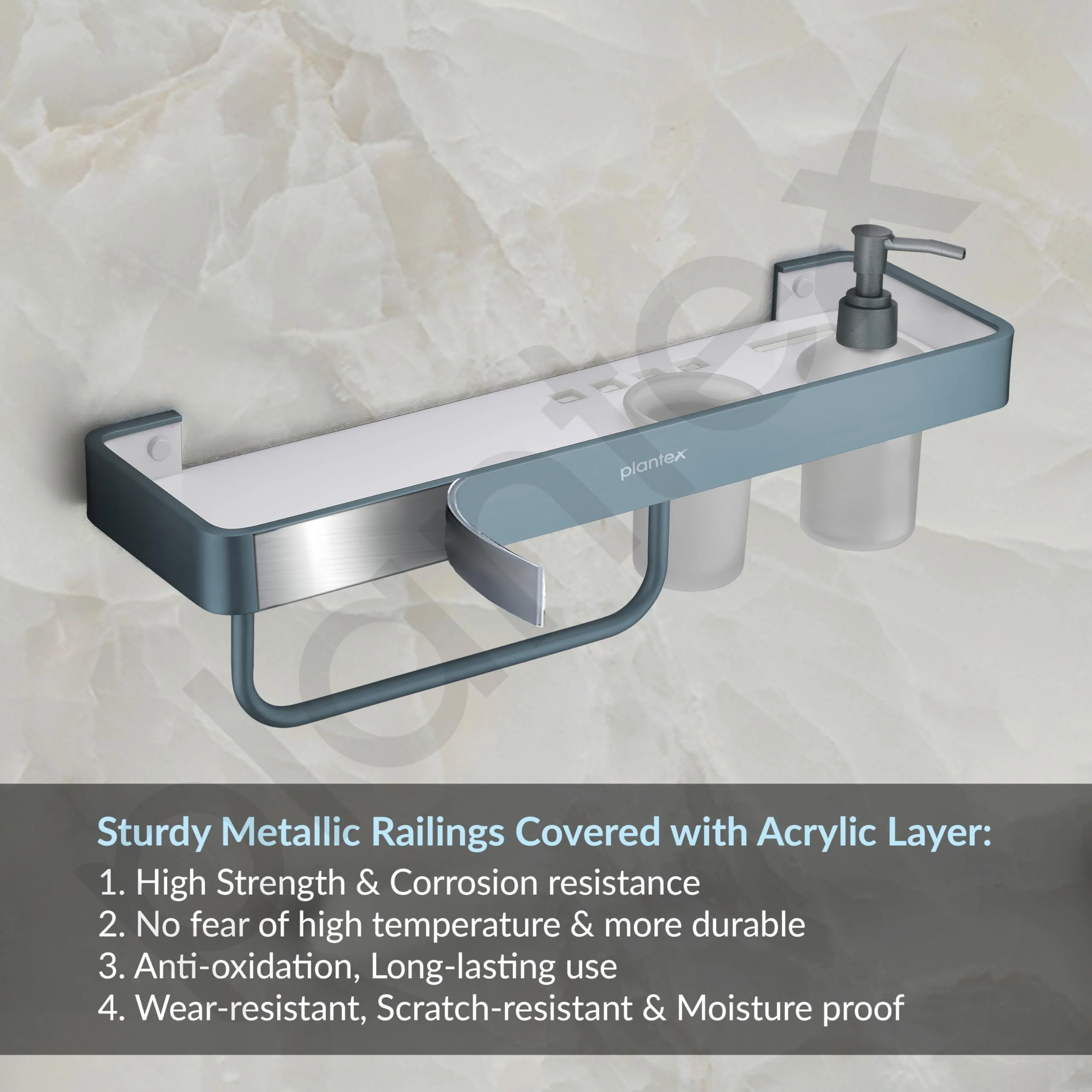 Plantex 4in1 Shelf for Bathroom/Aluminium and Acrylic Shelf with Tumbler Holder, Liquid Soap Dispenser and Napkin Holder for Home/Office/Hotel - Pack of 1 (Grey and Milky White) - Image 4