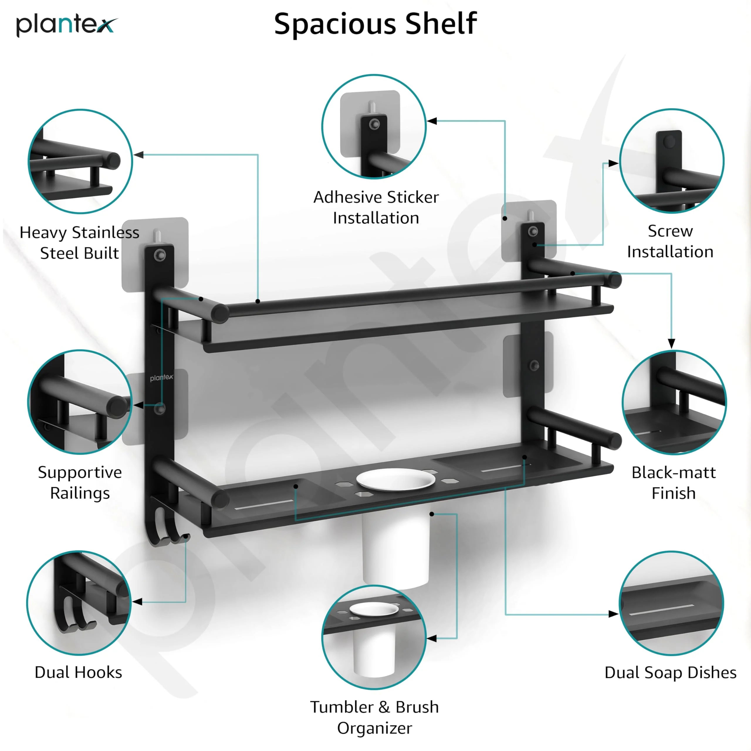 Plantex 5in1 Bathroom Organiser Without Drill/Stainless Steel Bathroom Shelf/Rack with Steel Soap Stand for Wall/Tumbler/Brush Holder/Bathroom Fittings Accessories Set (Black) - Image 4
