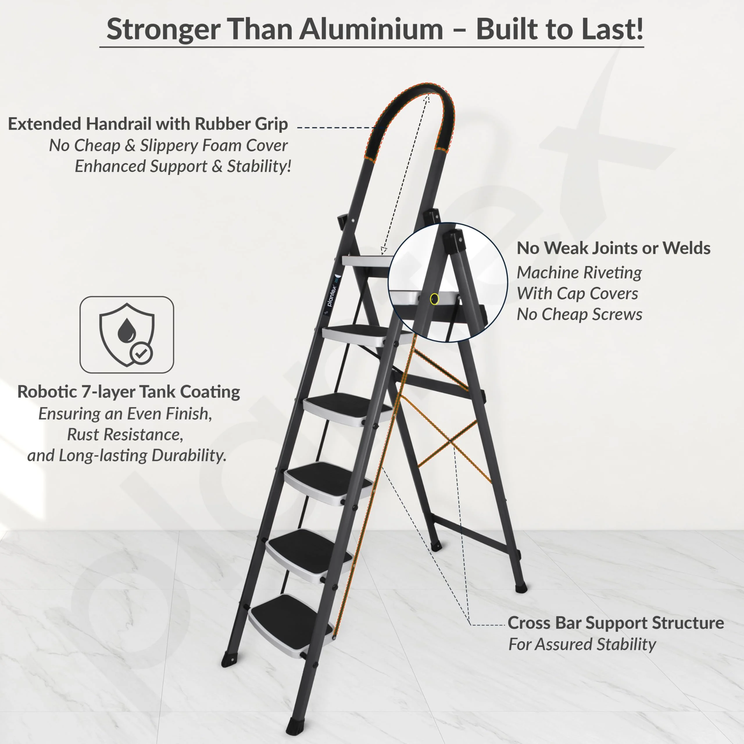 Plantex 6 Step Ladder -Foldable Steel 6 Step Ladder-Wide Anti Skid Steps-Made in India(Grey & White) - Image 3