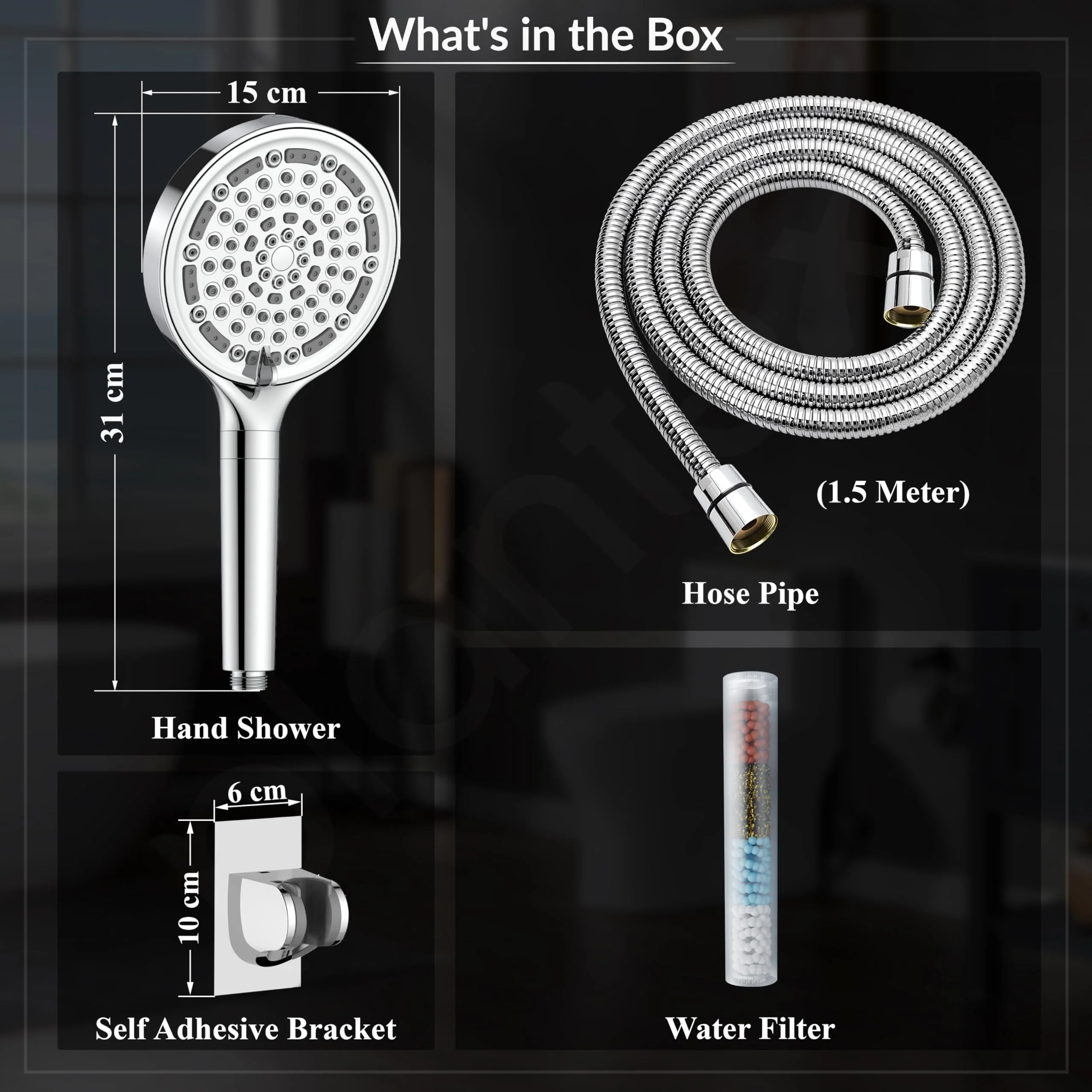Plantex Abs Hand Shower For Bath/6 Mode Shower Hand With1.5 Meter Flexible Hose Pipe With Wall Hook-(Chrome) - Image 3