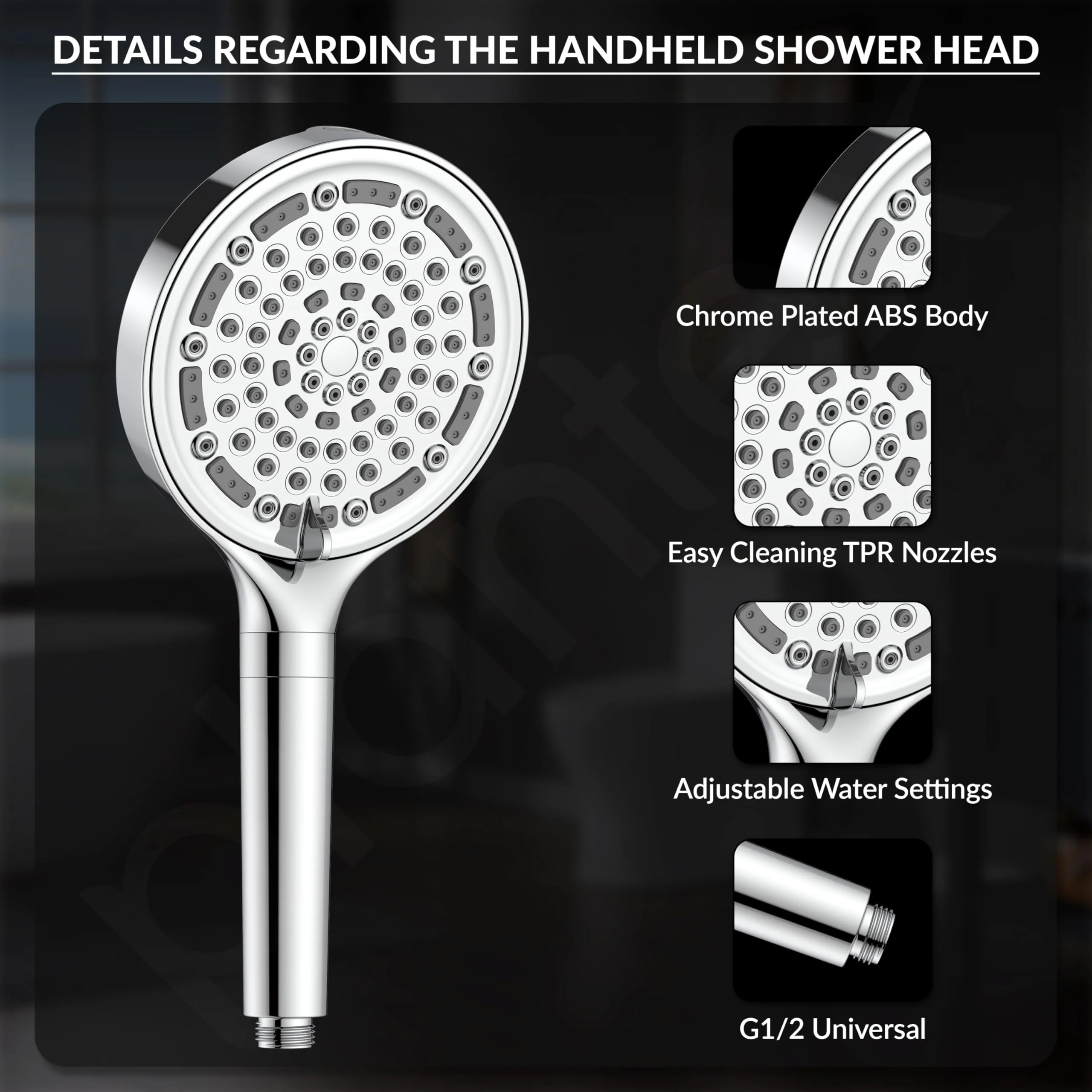 Plantex Abs Hand Shower For Bath/6 Mode Shower Hand With1.5 Meter Flexible Hose Pipe With Wall Hook-(Chrome) - Image 5