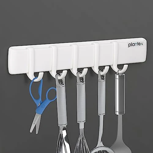 Plantex ABS Plastic Magnetic Hook Rail with J-Shape/Hooks for Wall Without Drilling/Hook Rail Bar for Clothes/Towel/Keys (5 Hooks - White)