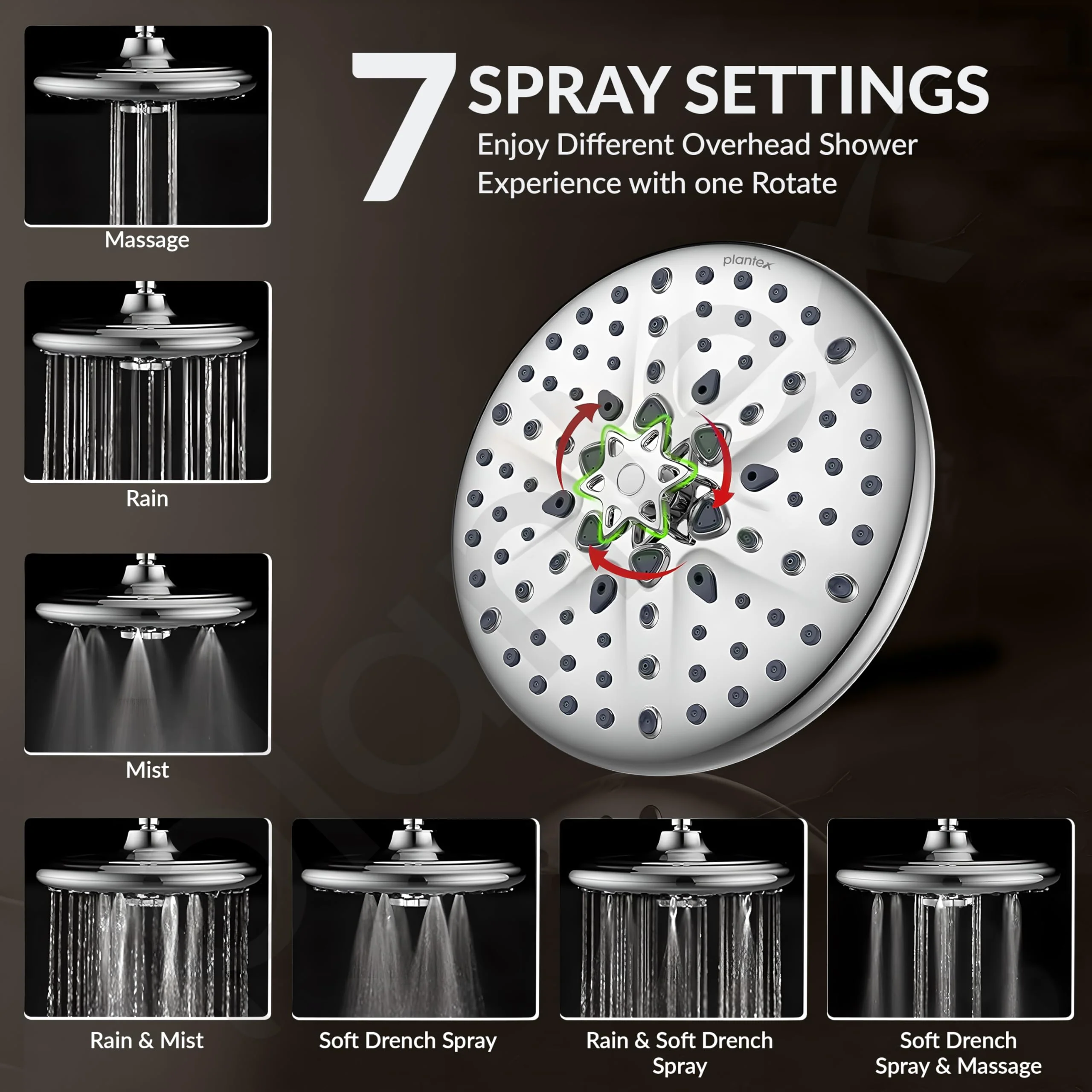 Plantex Abs Shower Head For Bathroom/8 Different Modes Shower Head/Overhead Shower Without Arm/Rain Shower Head For Bathroom - (Chrome) - Image 2