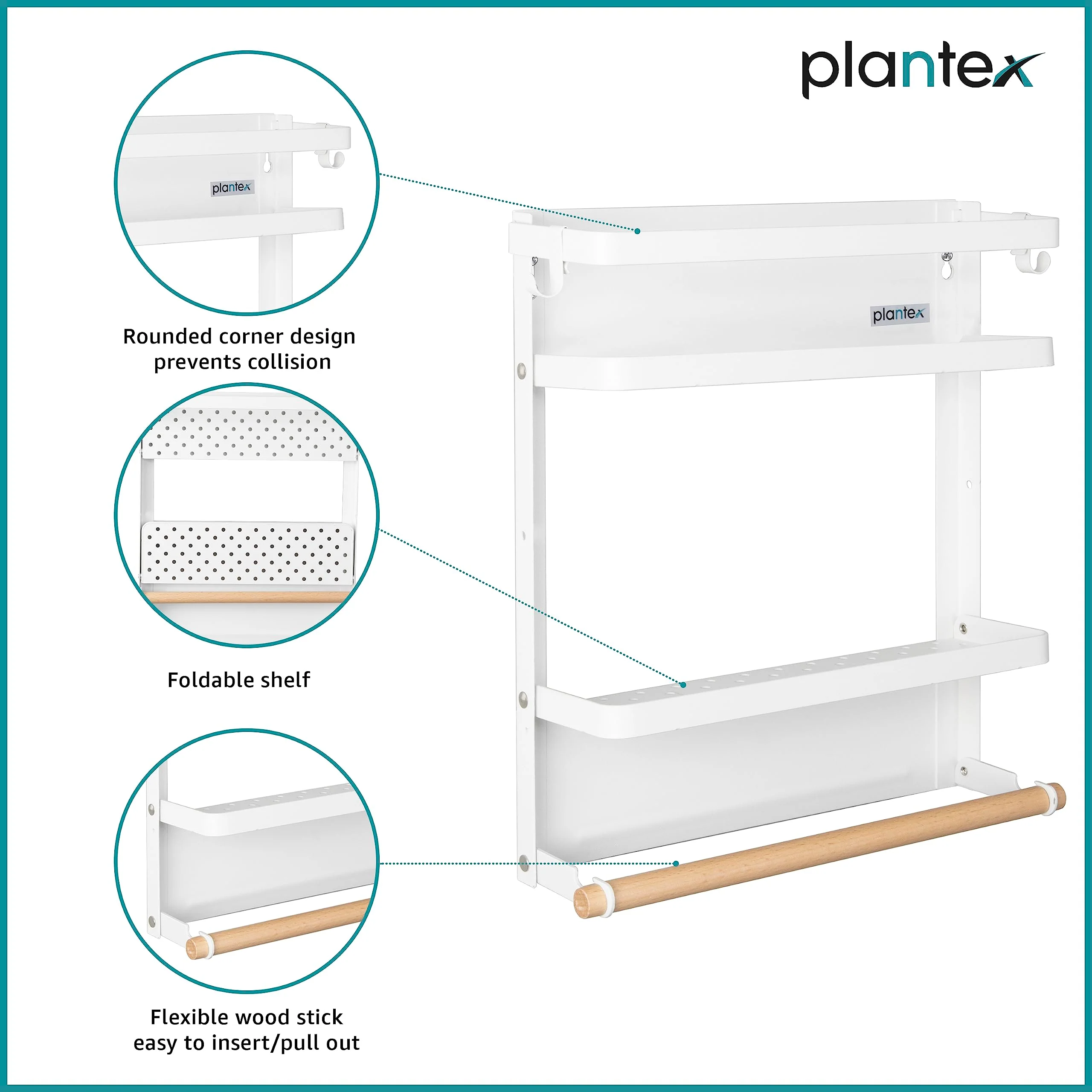 Plantex Alloy Steel Folding Magnetic Shelf For Home/Fridge Side Storage Shelf/Rack With 2 Movable Hooks/Fridge Organizer Spice Rack And Towel Holder For Bathroom/Bathrrom Accessories(Small-White) - Image 5