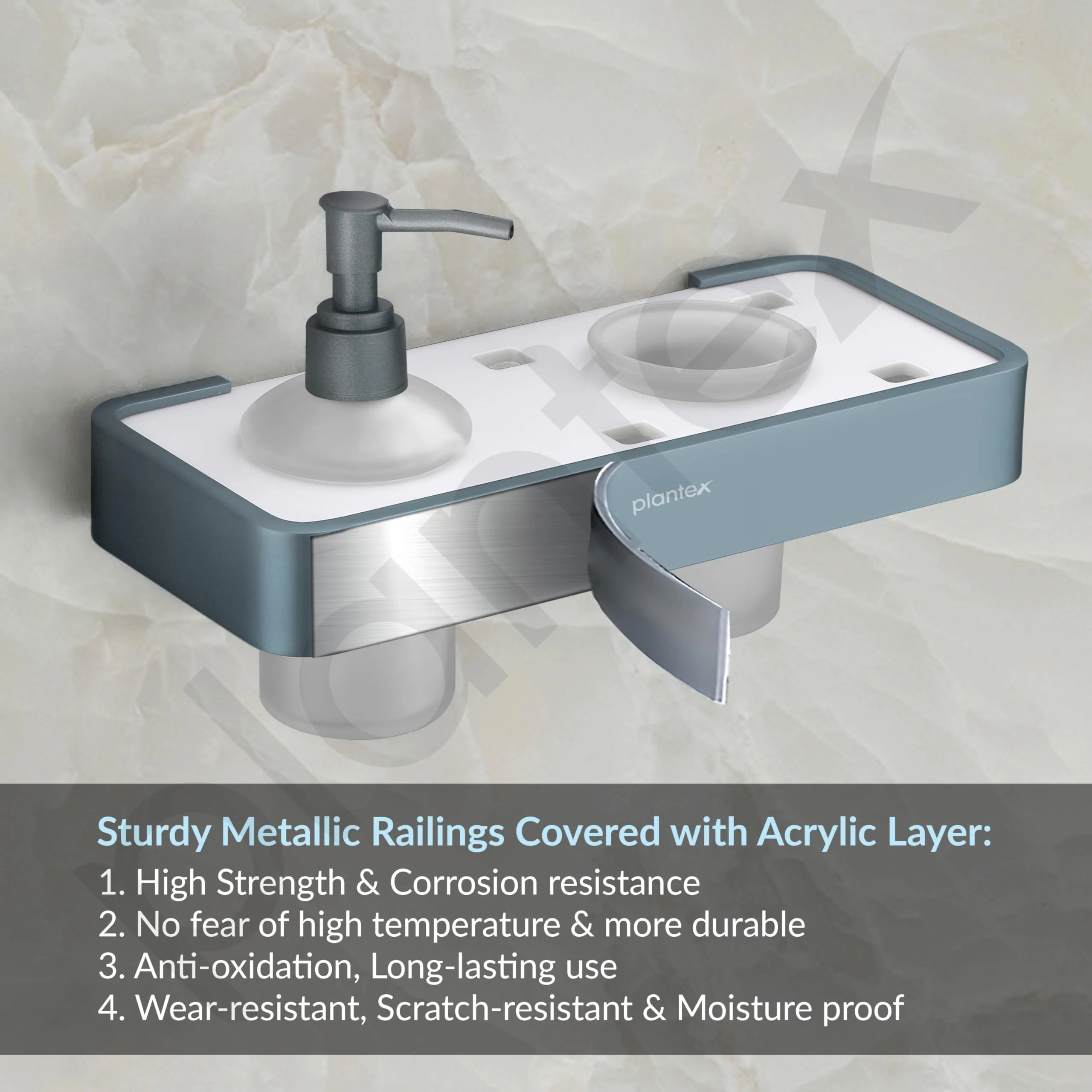 Plantex Aluminium and Acrylic 2 in 1 Shampoo Dispenser with Toothpaste Holder/Liquid Soap Dispenser with Tumbler Holder/Bathroom Accessories - (Grey and Milky White) - Image 4