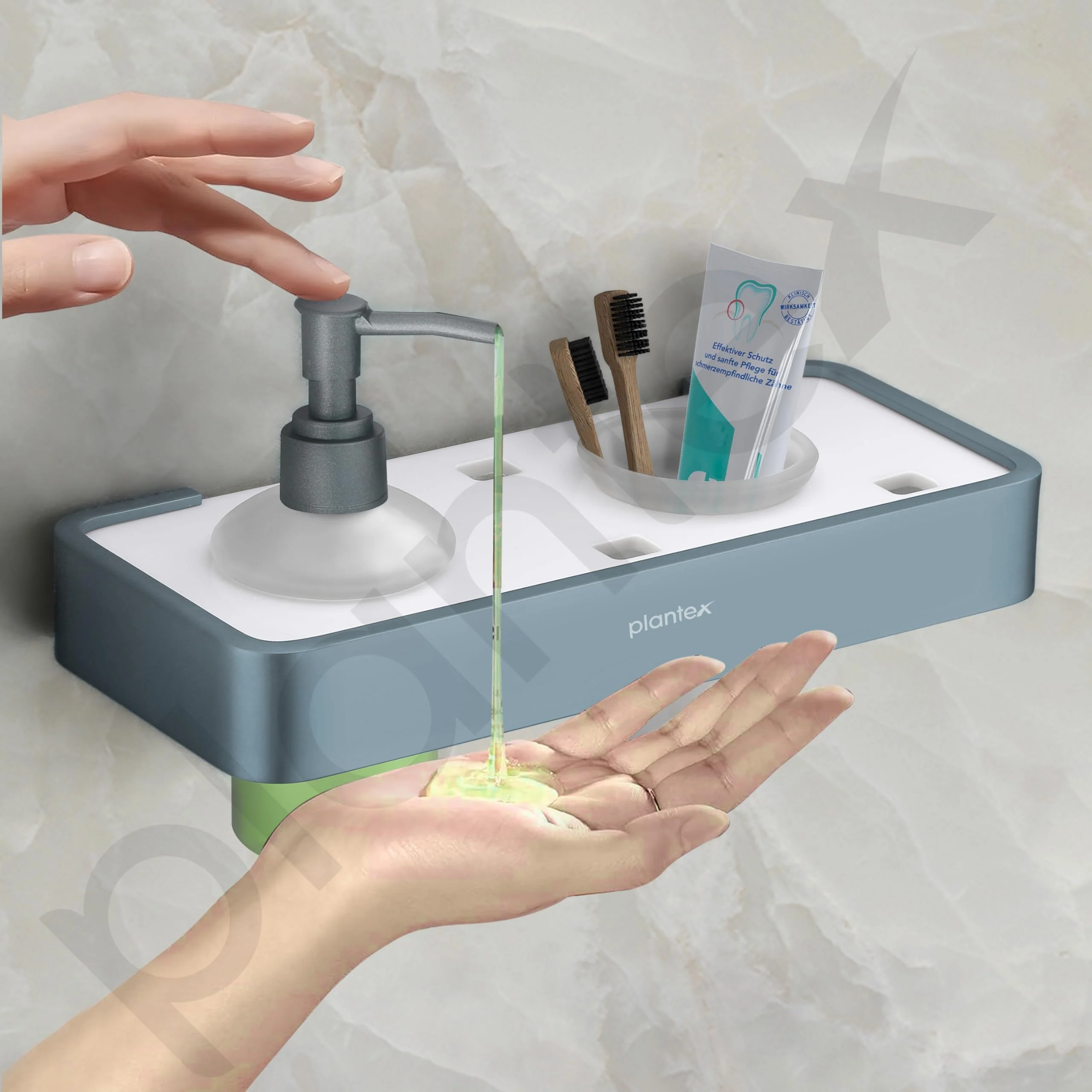 Plantex Aluminium and Acrylic 2 in 1 Shampoo Dispenser with Toothpaste Holder/Liquid Soap Dispenser with Tumbler Holder/Bathroom Accessories - (Grey and Milky White) - Image 5
