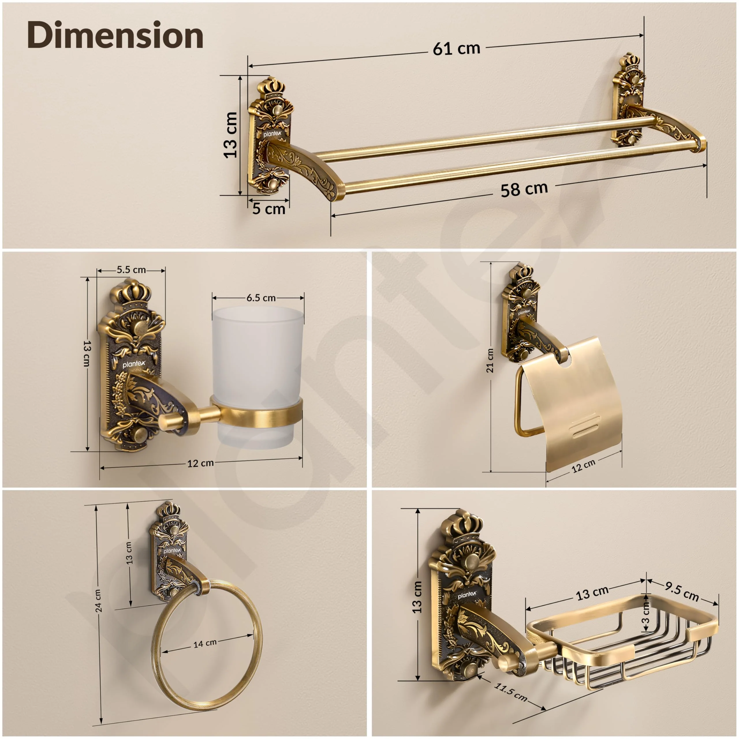 Plantex Aluminium Antique Bathroom Accessories Set Of 5-Pcs/Bathroom Hardware Set (Towel Rod/Napkin Ring/Paper Holder/Soap Dish/Tumbler Holder), Gold - Image 2