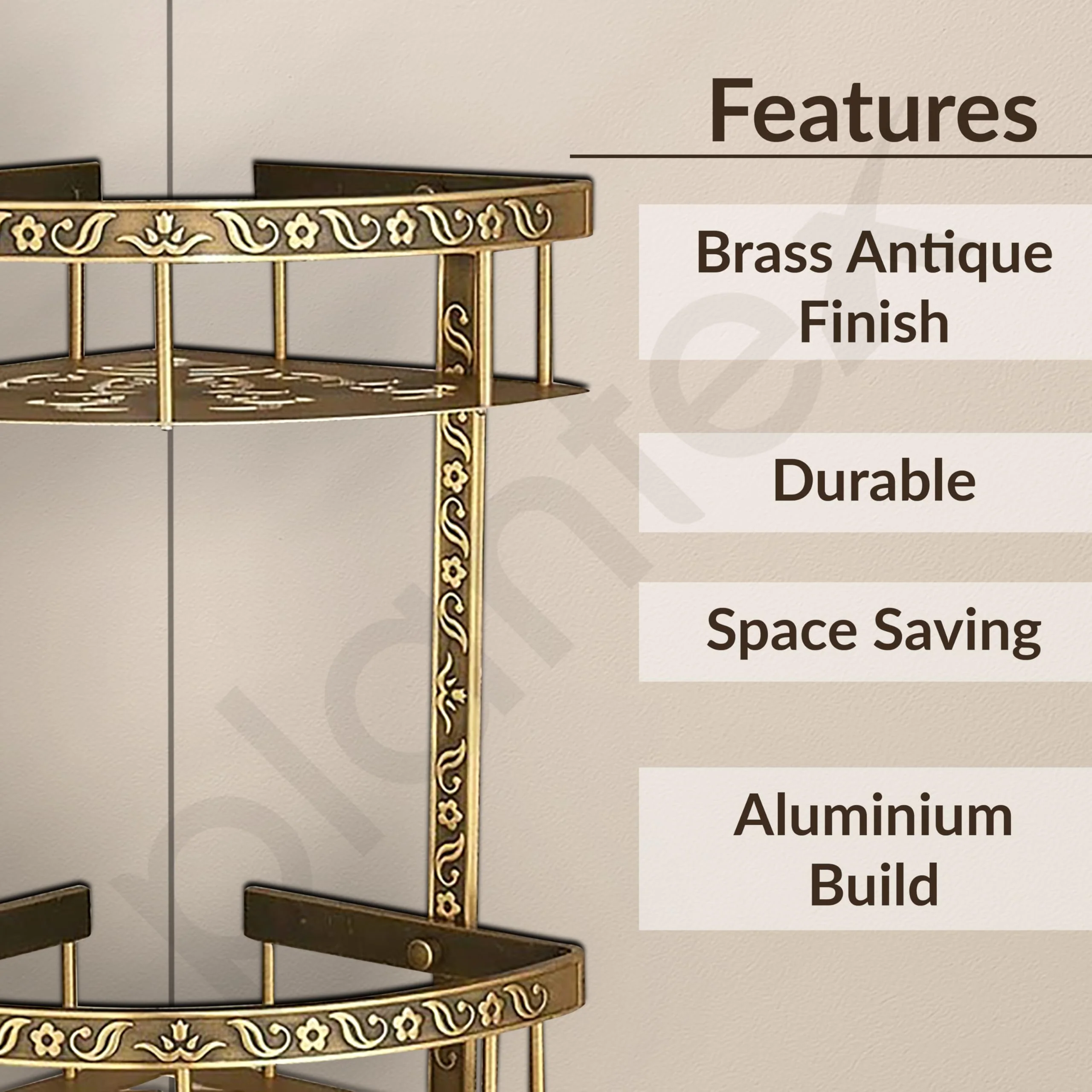 Plantex Aluminium Corner Shelf for Bathroom Wall/2 Tier Side Corner Shelf/Bathroom Corner Shelf with Hooks/Premium Bathroom Organizer (Brass-Antique Finish) - Image 2