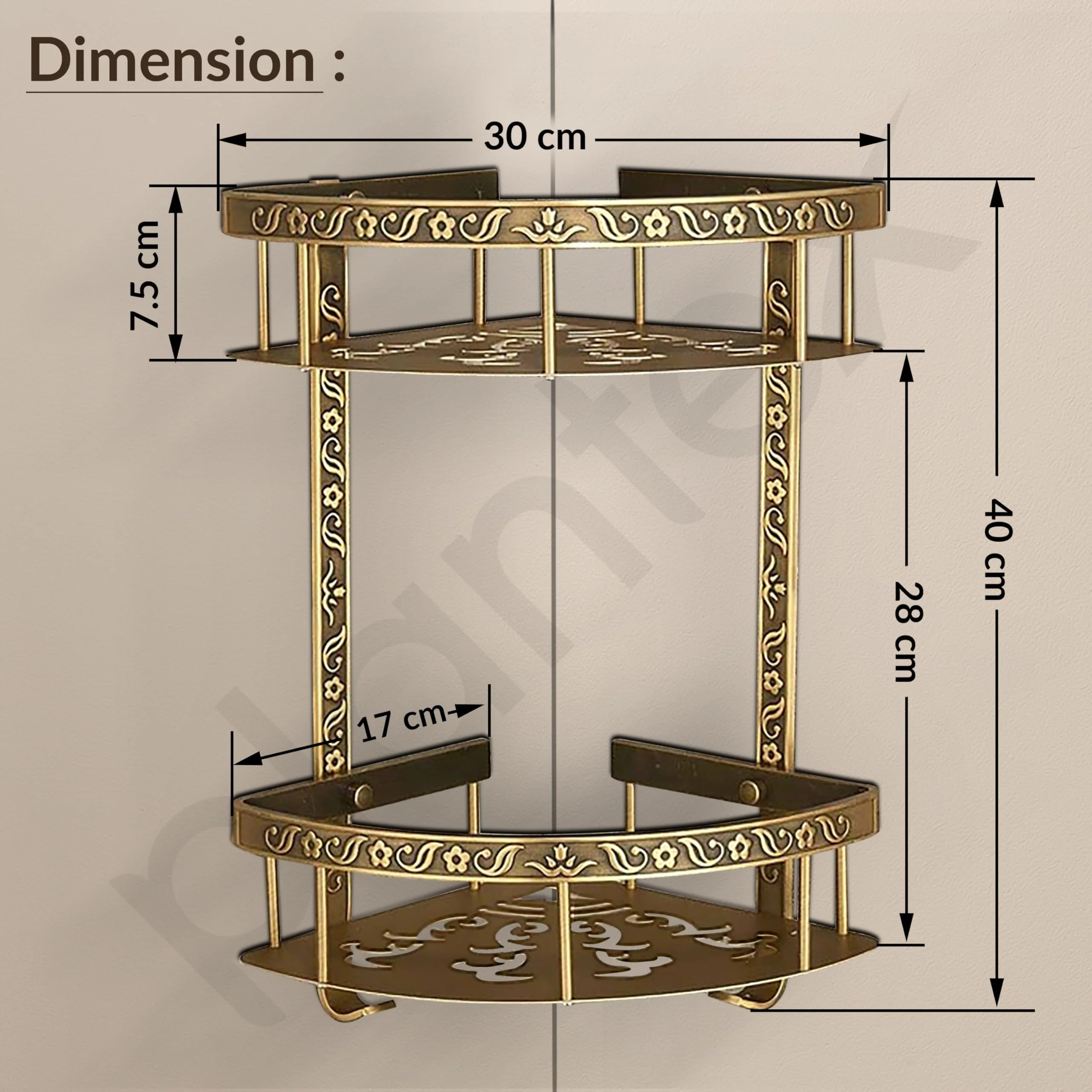 Plantex Aluminium Corner Shelf for Bathroom Wall/2 Tier Side Corner Shelf/Bathroom Corner Shelf with Hooks/Premium Bathroom Organizer (Brass-Antique Finish) - Image 3