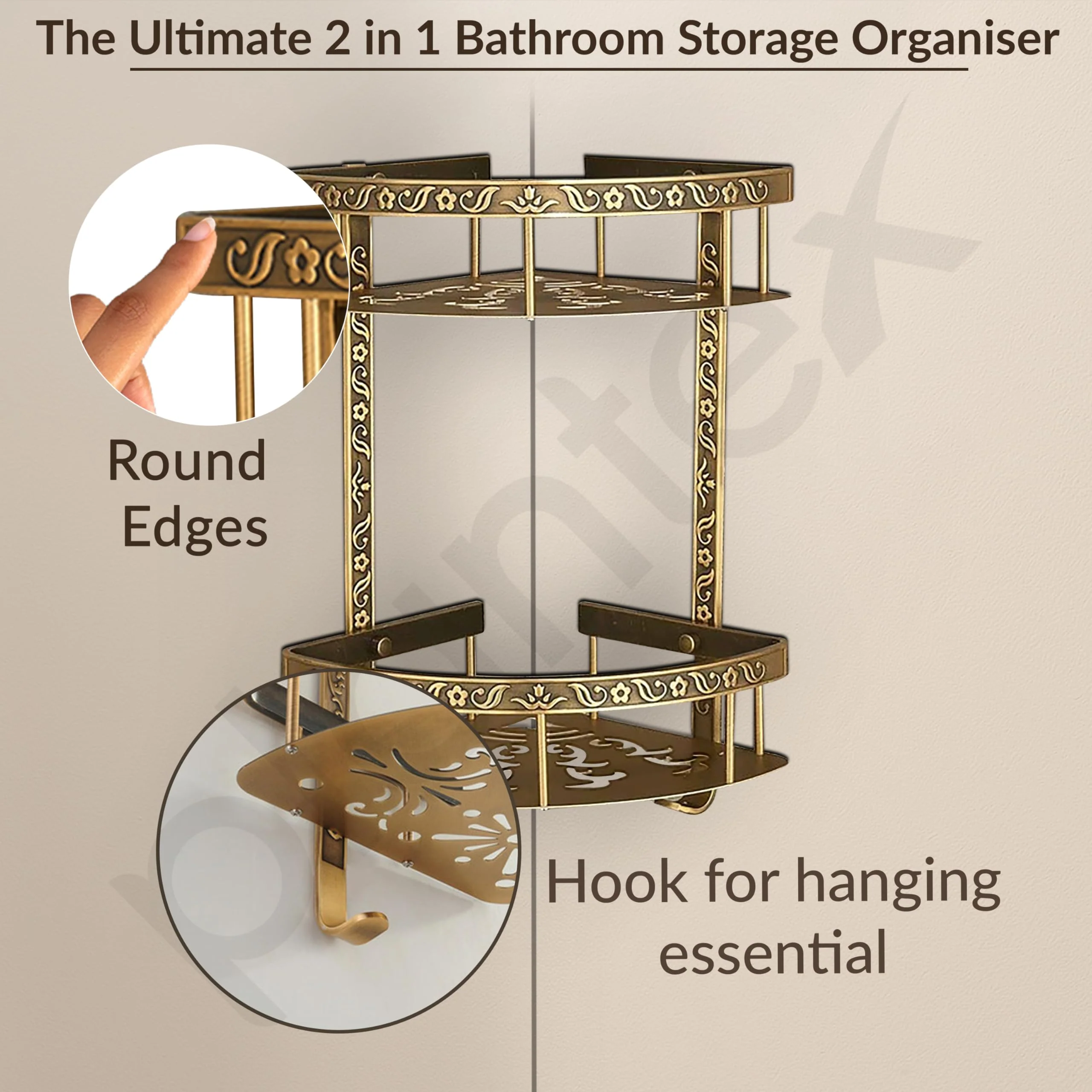 Plantex Aluminium Corner Shelf for Bathroom Wall/2 Tier Side Corner Shelf/Bathroom Corner Shelf with Hooks/Premium Bathroom Organizer (Brass-Antique Finish) - Image 4