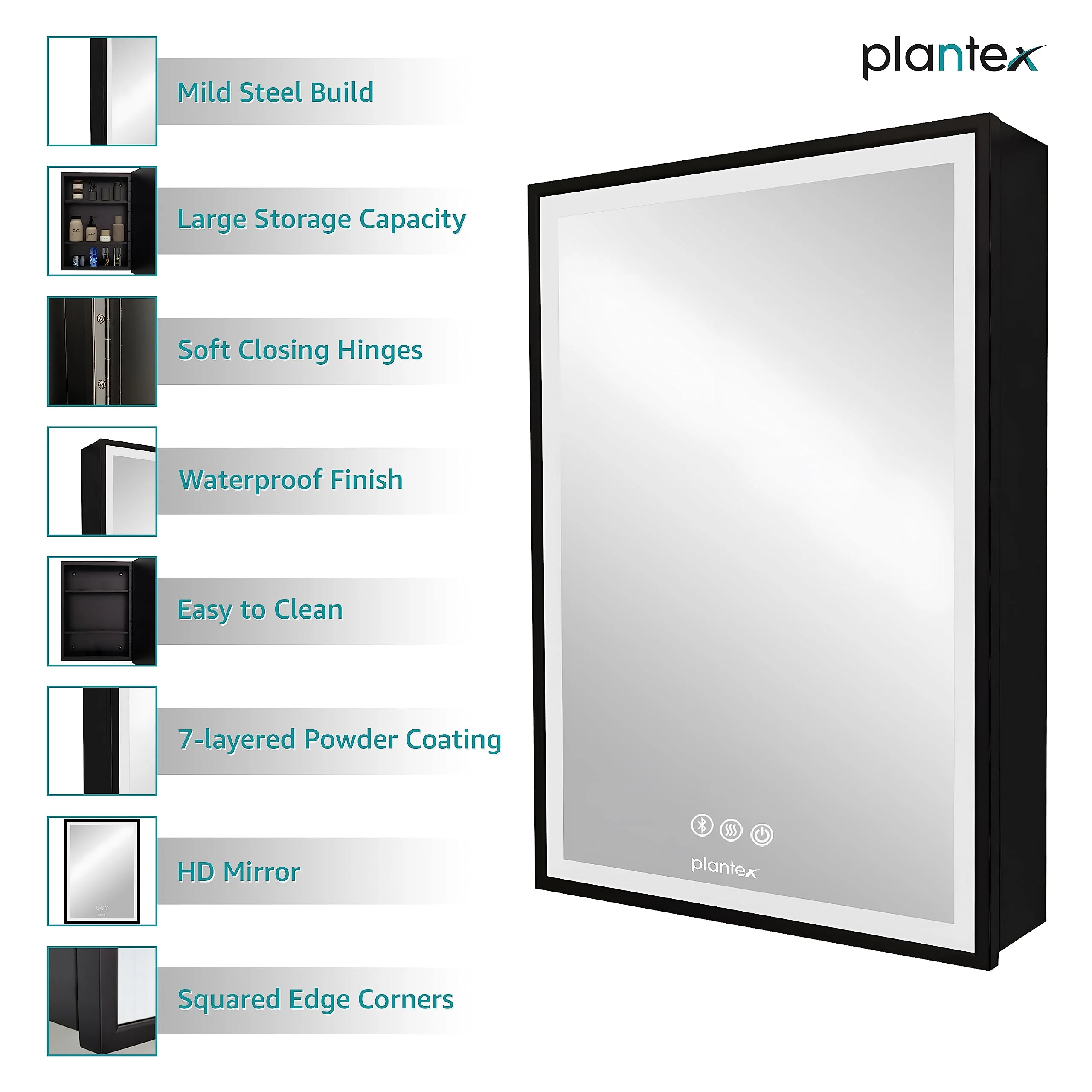 Plantex Aluminium Framed LED Mirror with Storage/Cabinet/Heavy-Duty Steel Body Bathroom Cupboard for Wall with Defogger and Bluetooth- 20x28 Inch, Black - Image 7