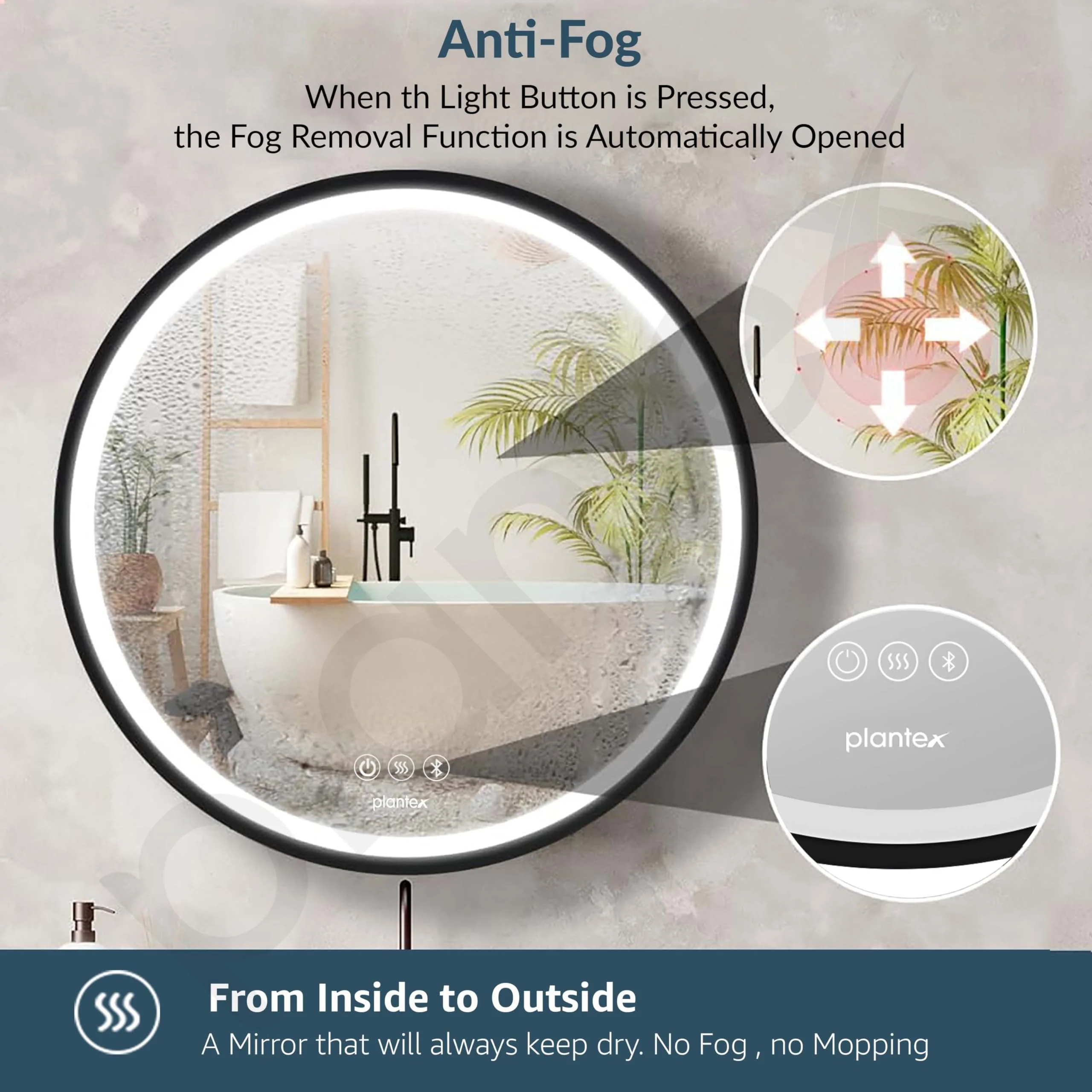 Plantex Aluminium Framed Round LED Bathroom Shelf for Wall with Mirror/Heavy-Duty Steel Body Bathroom Cabinet with Defogger and Bluetooth- 24x24 Inch, Black - Image 4