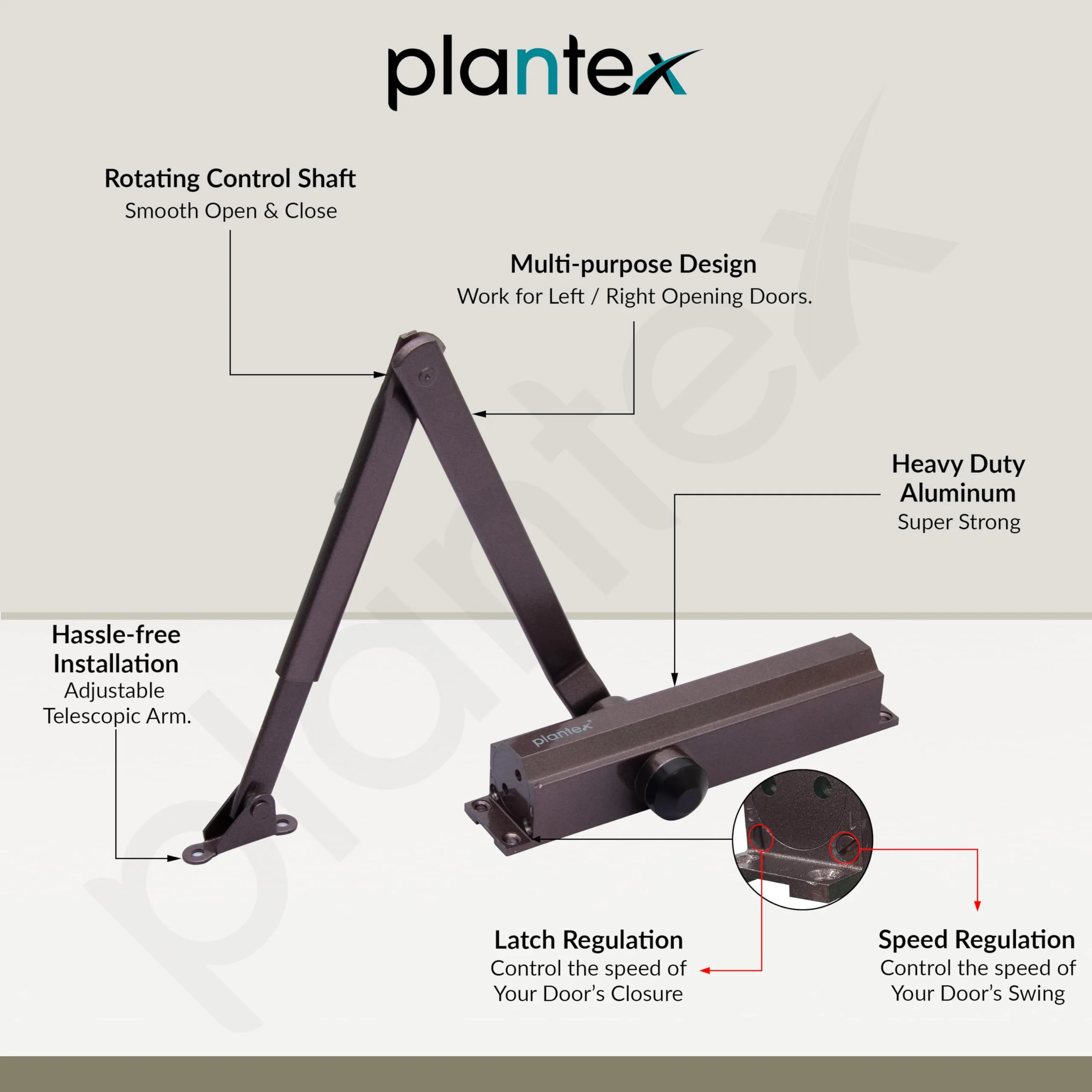 Plantex Aluminium Hydraulic Door Closer for Wooden Doors - Automatic Soft Close for Hotel/Home/Office - ISO 9001 Certified (MI-200, Capacity 55 kg, Brown) - Image 2