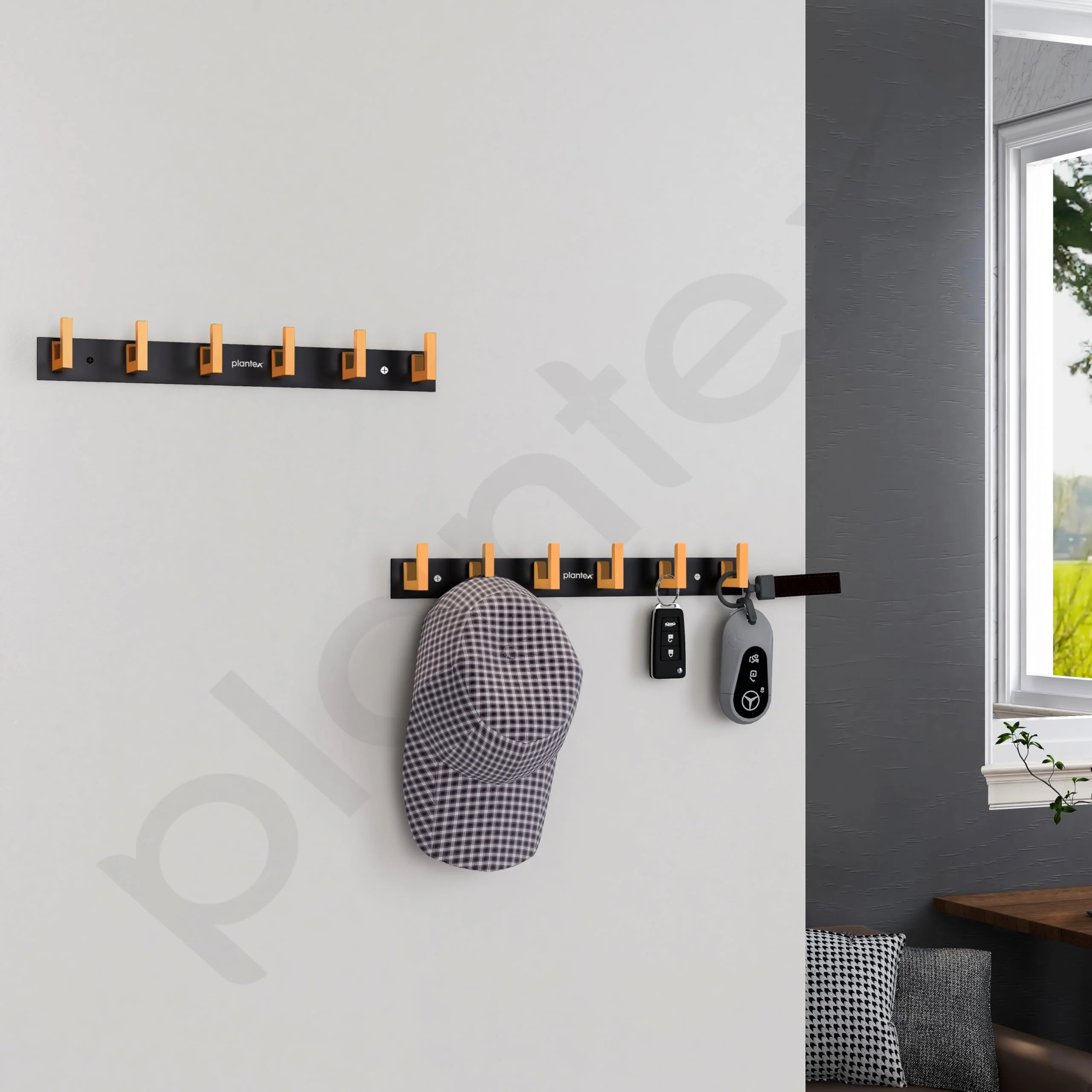 Plantex Aluminum Hook Rail with L-Shape Hooks for Walls of Bathroom/Kitchen–Hook Rail Bar for Clothes/Towel/Key (6 Hooks, Black & Gold) - Pack of 2 - Image 2