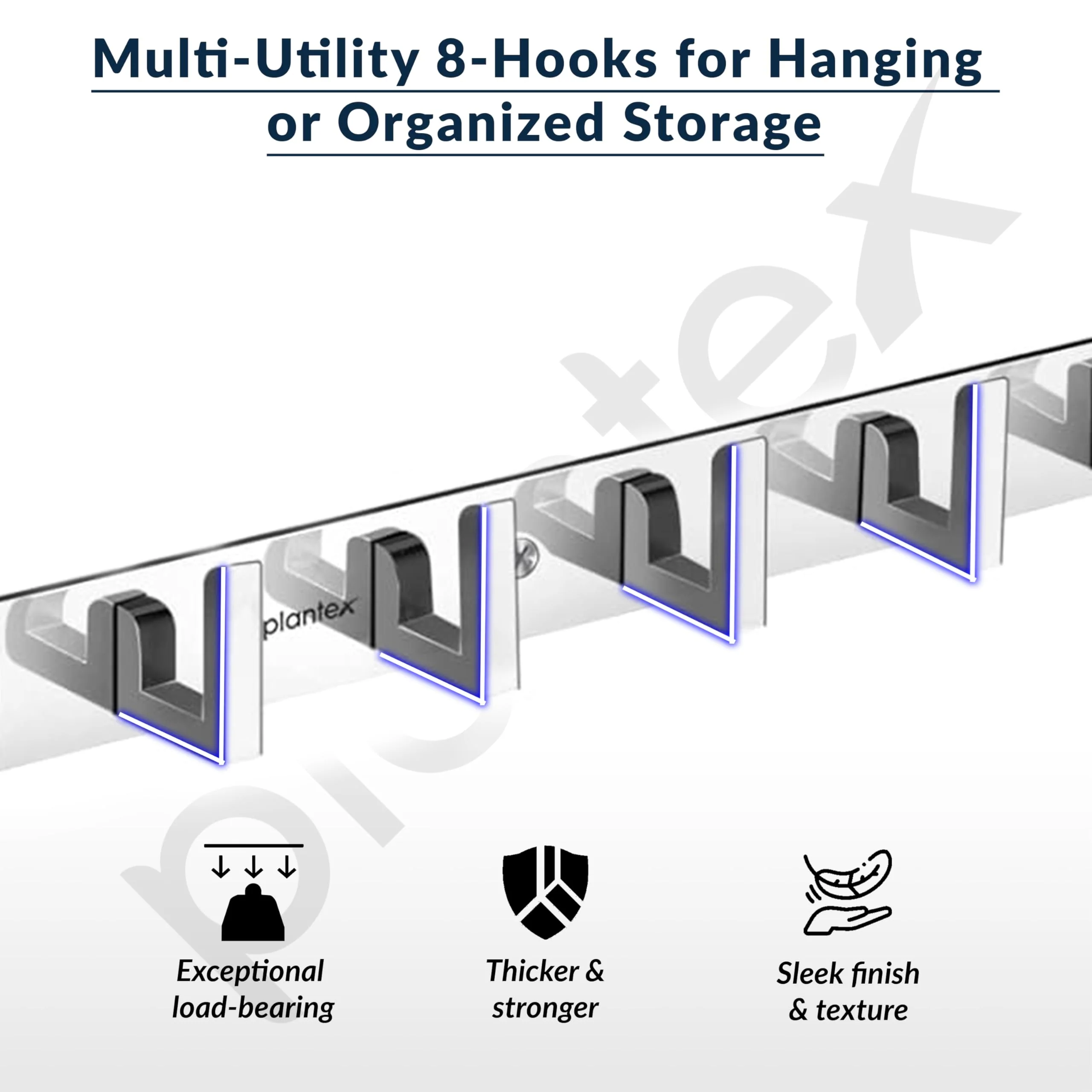 Plantex Aluminum Hook Rail with L-Shape Hooks for Walls of Bathroom/Kitchen–Hook Rail Bar for Clothes/Towel/Keys-Pack of 2 (8 Hooks,Chrome) - Image 2