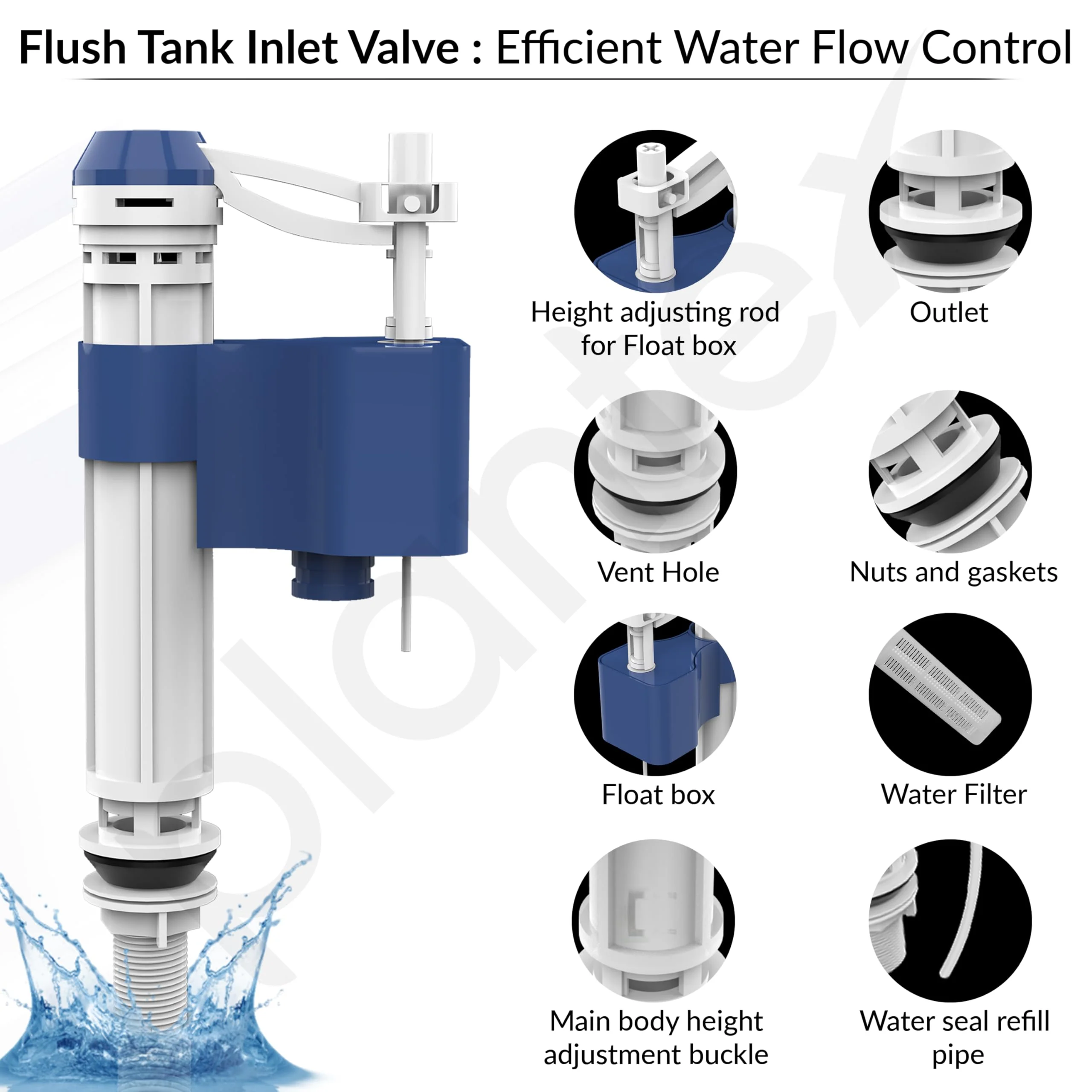 Plantex Anti-Siphon Toilet Flush Tank Fill Valve/Repair Kit 6" to 10" Adjustable for One Piece Commode/Ball Cocke for Flush Tank - Pack of 1 (White & Blue) - Image 4