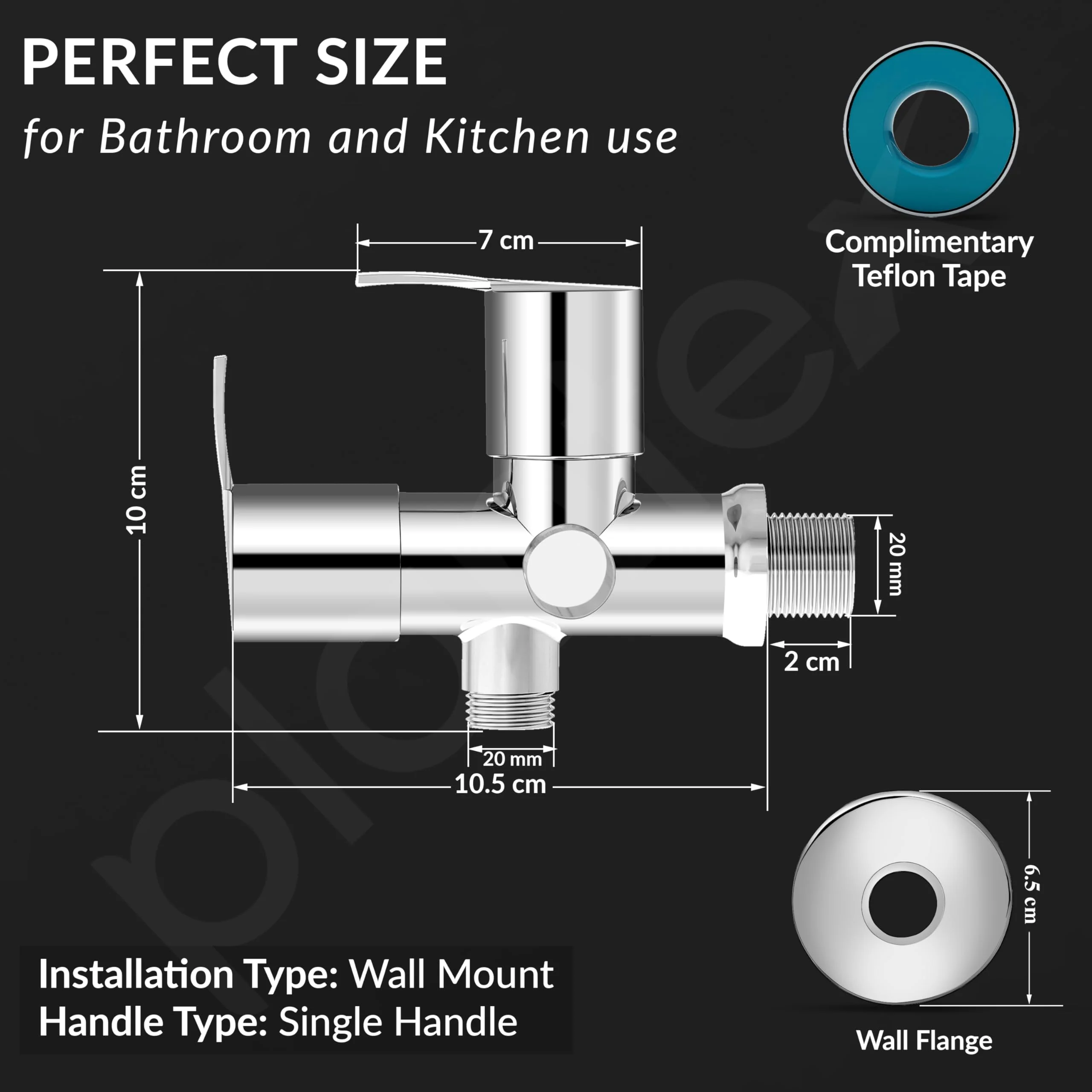 Plantex AQ-1408 Pure Brass 2-Way Angle Valve Tap/Angle Cock for Bathroom/Stop Cock With Brass Wall Flange & Teflon Tape (Mirror-Chrome Finish) - Image 4