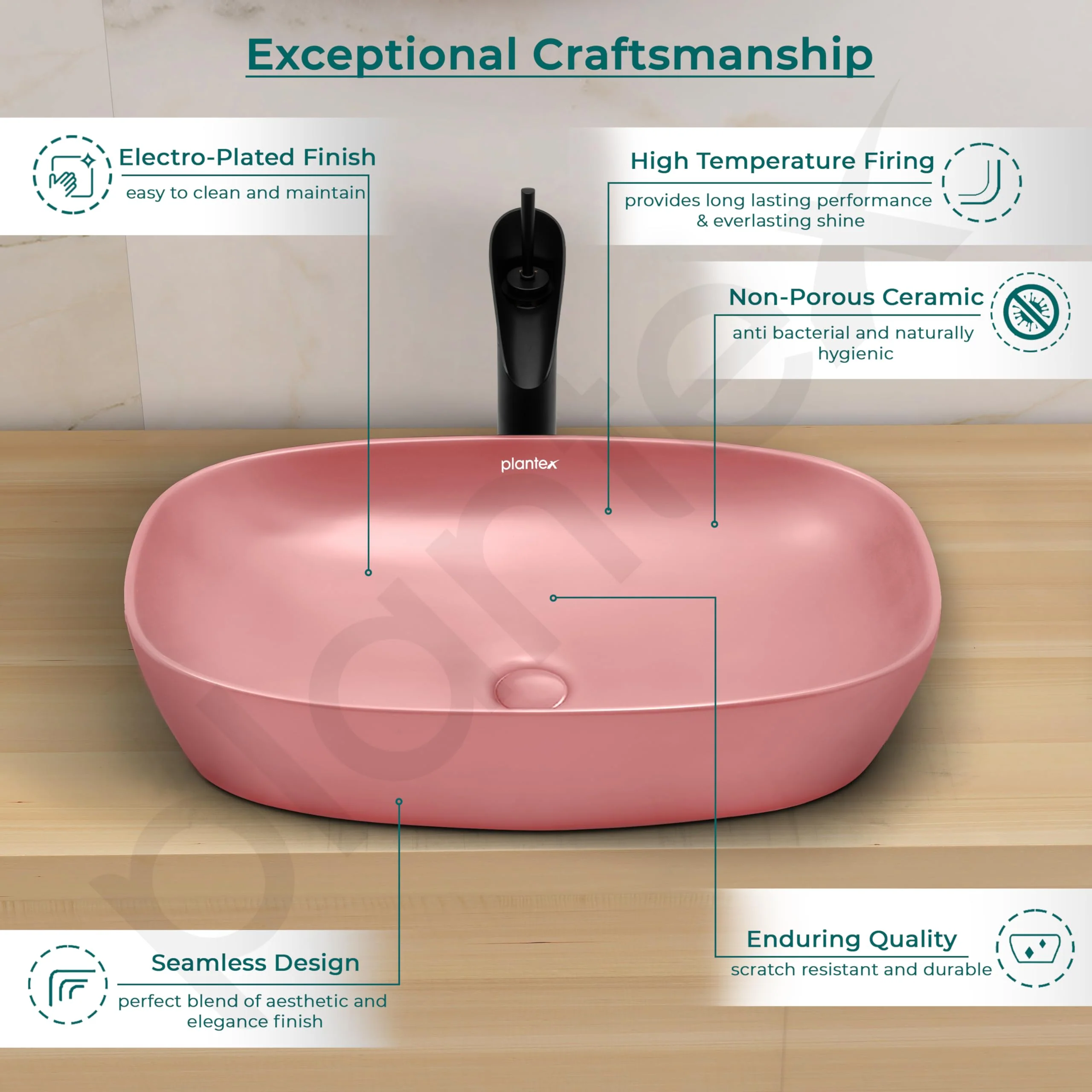 Plantex Basin for Bathroom/Ceramic Table Top Wash Basin/Over Counter Washbasin for Restaurant/Hotel (Matt Pink, 23 x 14.5 x 5 Inch) - Image 3