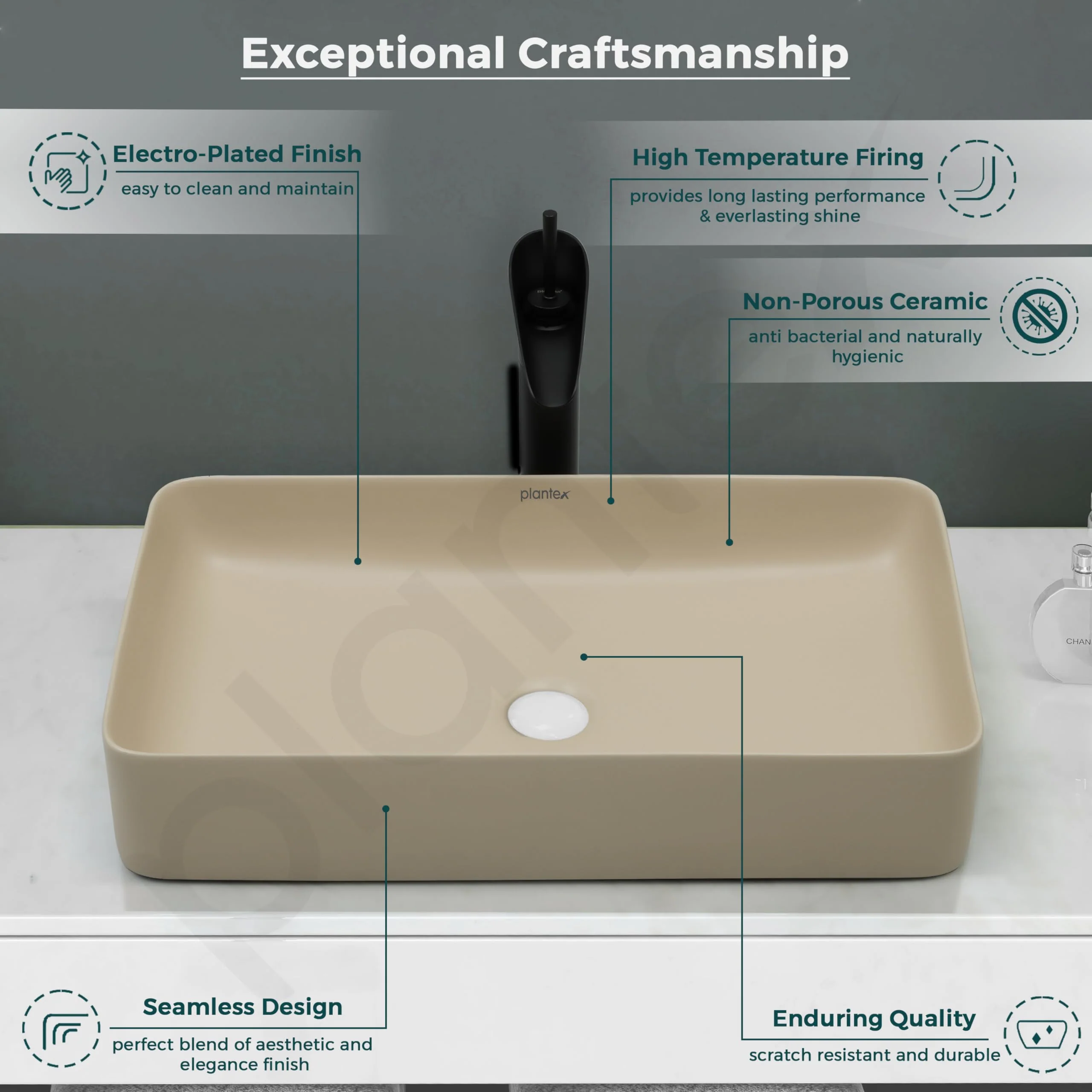 Plantex Basin for Bathroom/Ceramic Table Top Wash Basin/Over Counter Washbasin for Restaurant, Hotel (Rectangle - Matt Khaki, 24 x 14 x 4.5 Inch) - Image 3