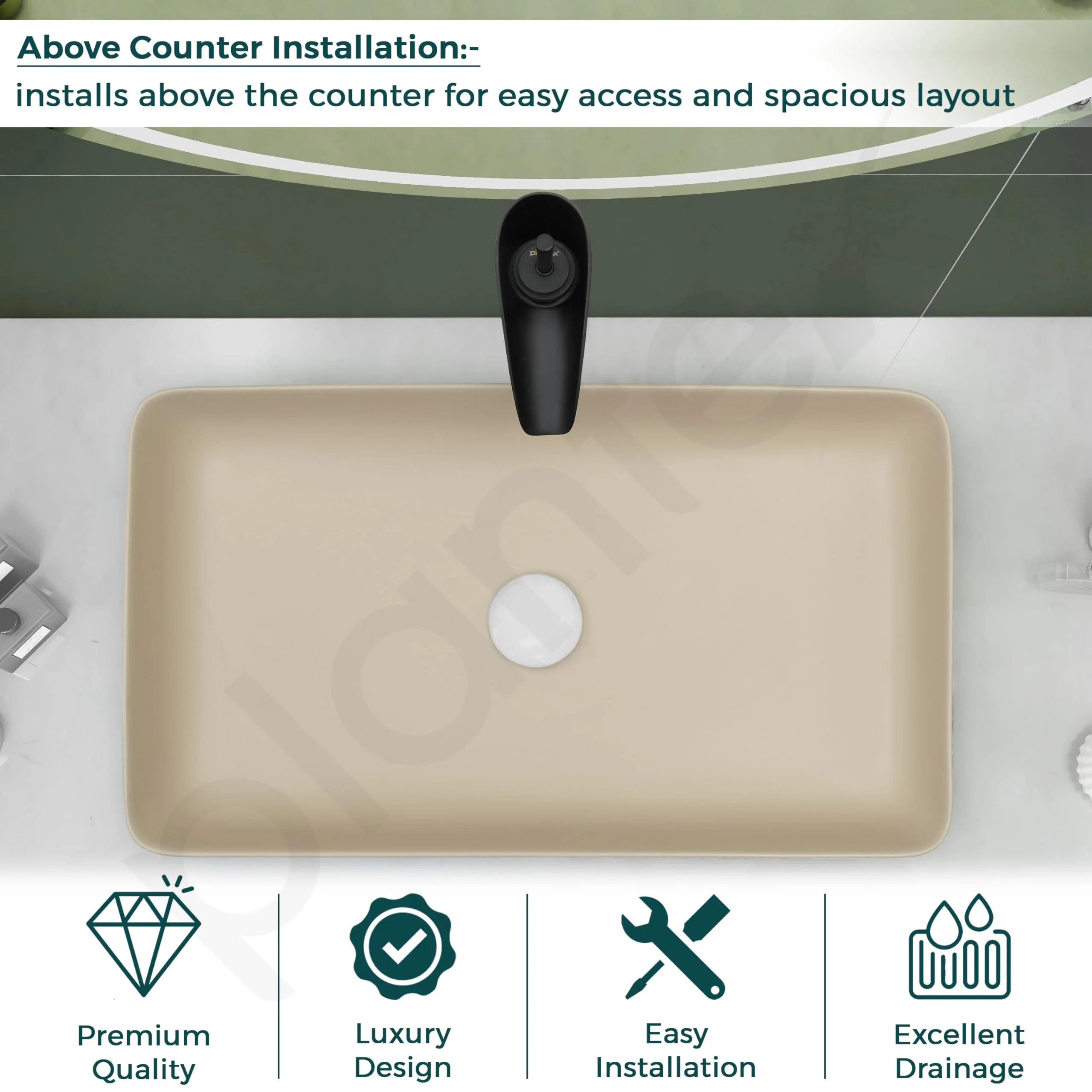 Plantex Basin for Bathroom/Ceramic Table Top Wash Basin/Over Counter Washbasin for Restaurant, Hotel (Rectangle - Matt Khaki, 24 x 14 x 4.5 Inch) - Image 4