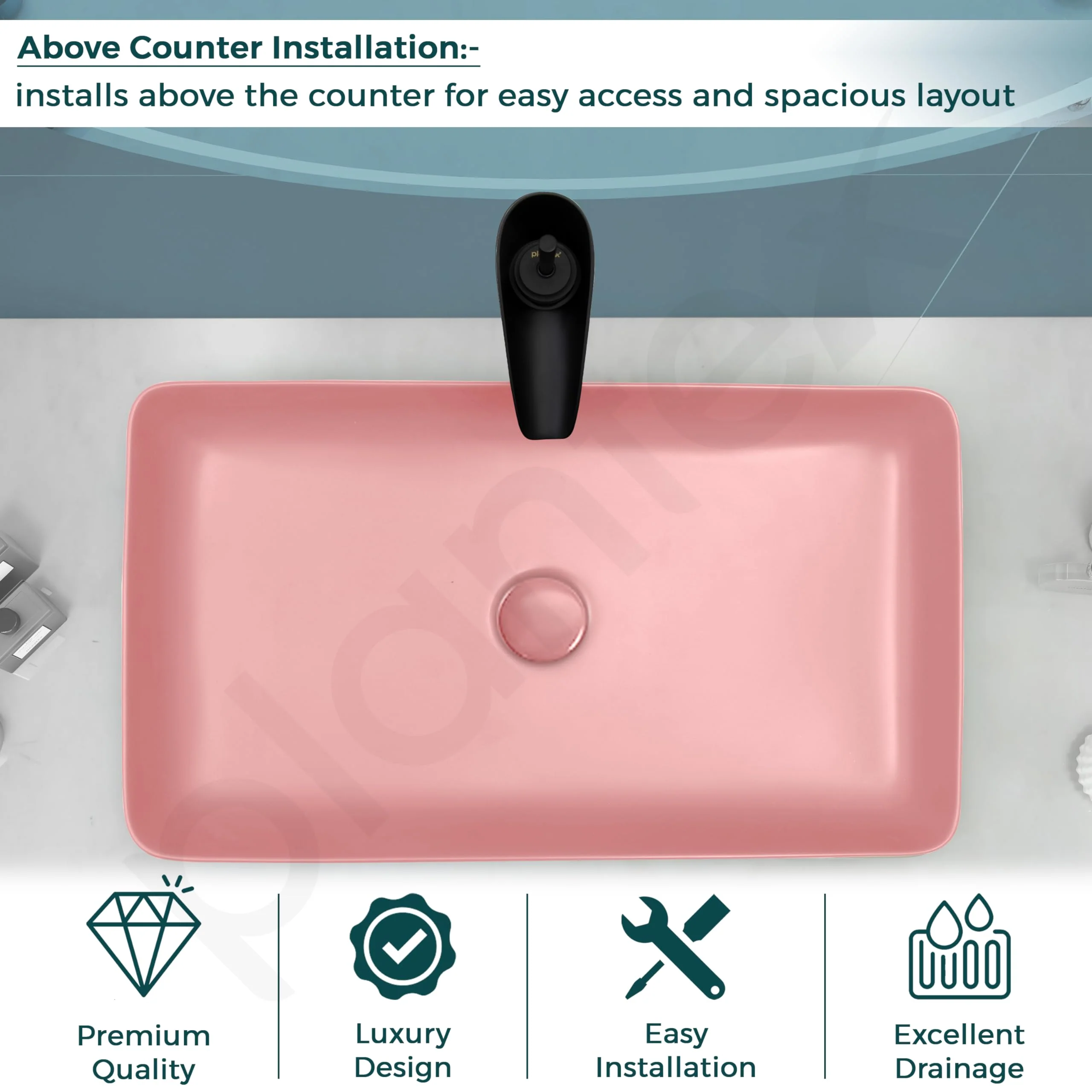 Plantex Basin for Bathroom/Ceramic Table Top Wash Basin/Over Counter Washbasin for Restaurant/Hotel (Rectangle - Matt Pink, 24 x 14 x 4.5 Inch) - Image 4