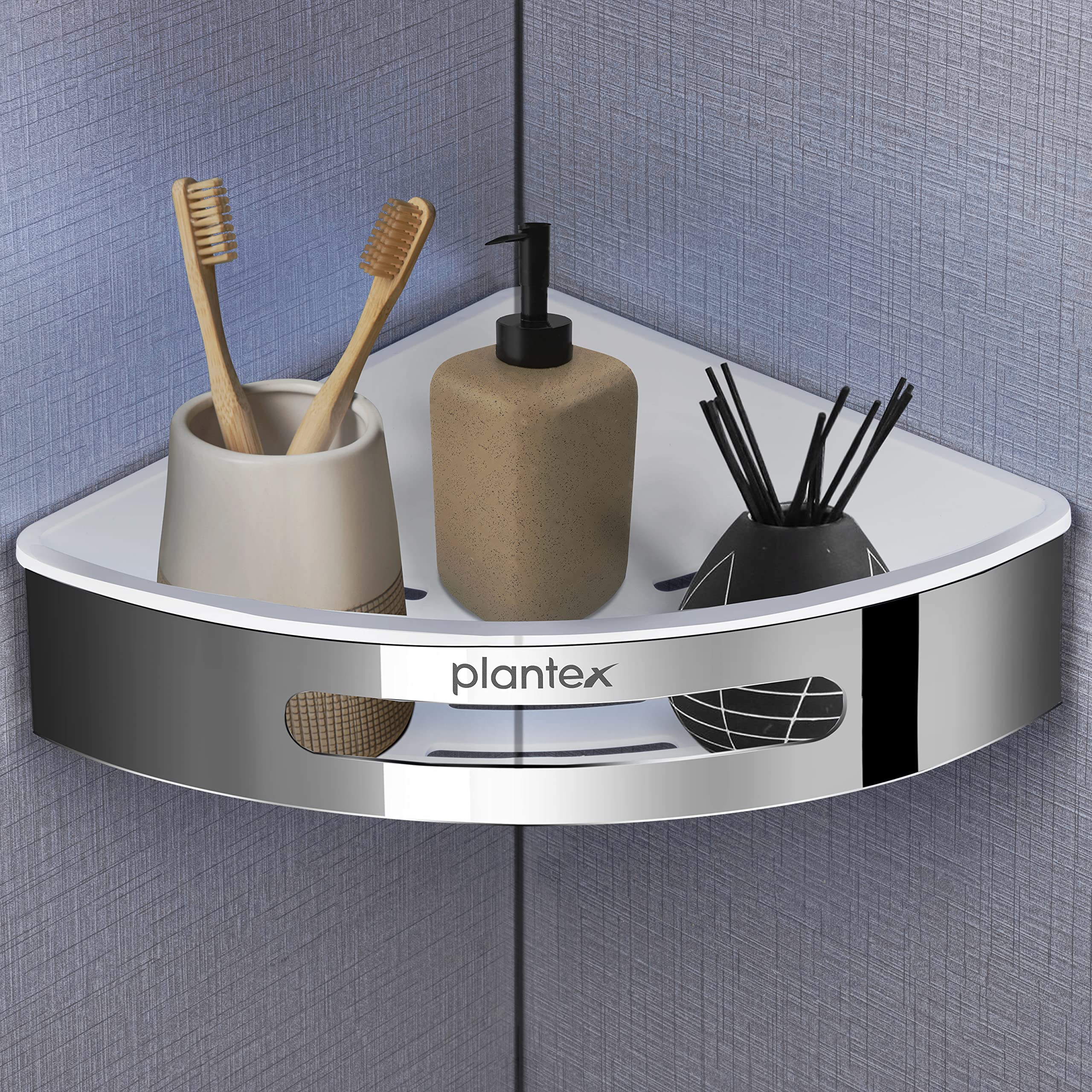 Plantex Bathroom Accessories Set/304 Grade Stainless Steel Bathroom Shelf for Wall Corner/Bathroom Storage Organizer (Silver & White, 9x9 inches) - Pack of 2 - Image 4