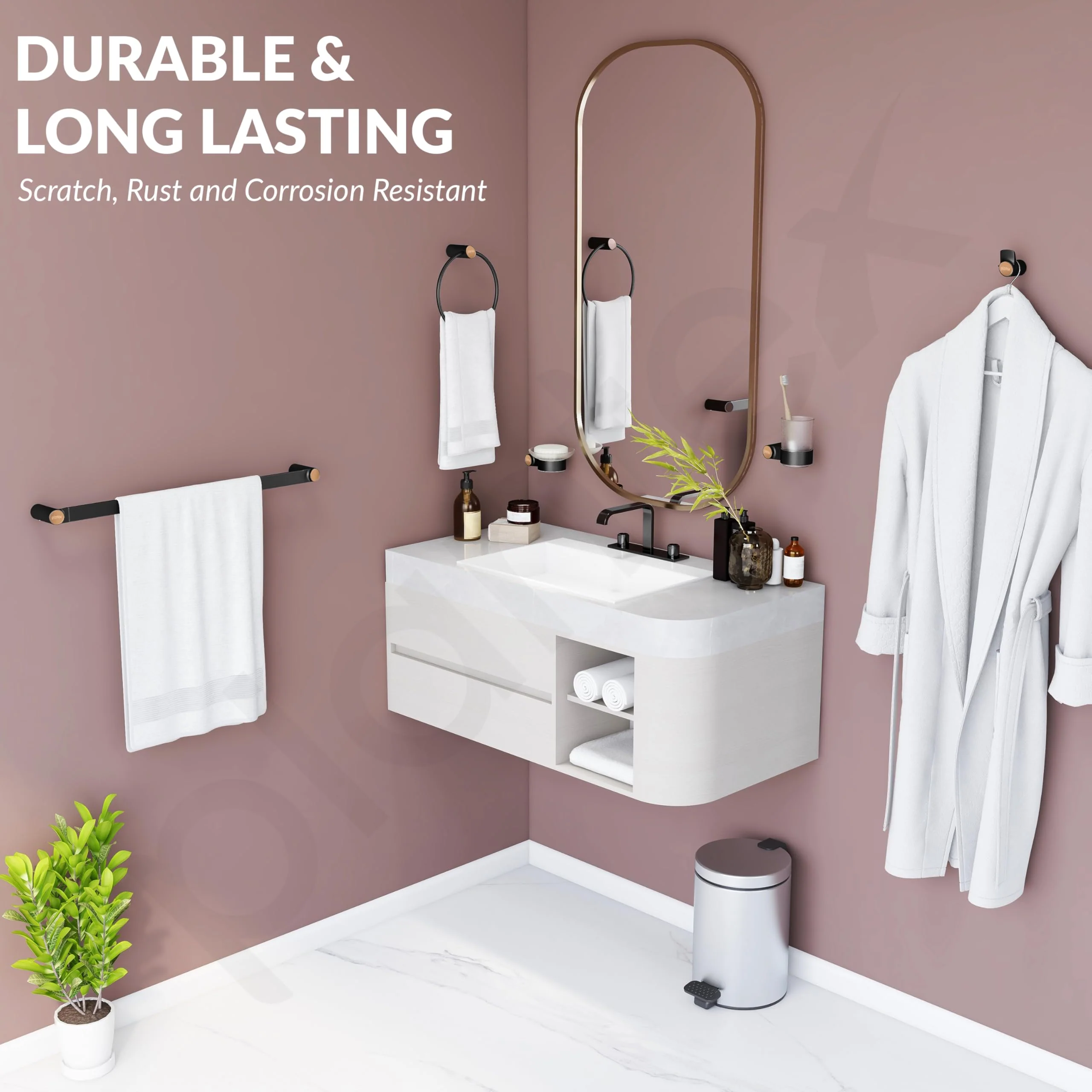 Plantex Bathroom Accessories Set/Frosted Glass Soap Holder & Tumbler Holder/Towel Rod/Napkin Holder/Robe Hook/Bathroom Accessories - Set of 5 (Black & Rose Gold) - Image 4