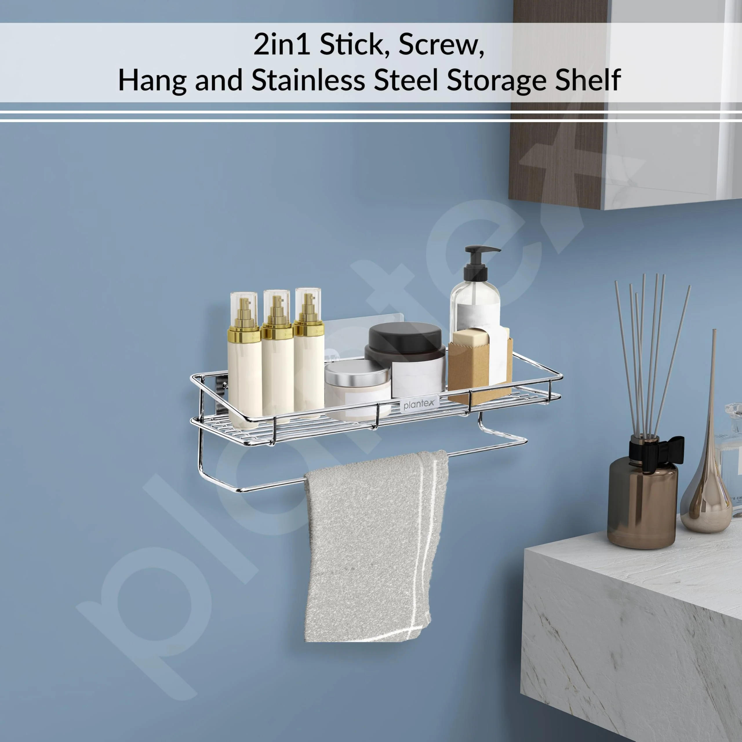 Plantex Self Adhesive Bathroom Shelf/Stainless Steel Shelf with Towel Rod/Napkin Holder/Kitchen Shelves & Racks/Kitchen Stand/Rack (Chrome) - Image 2