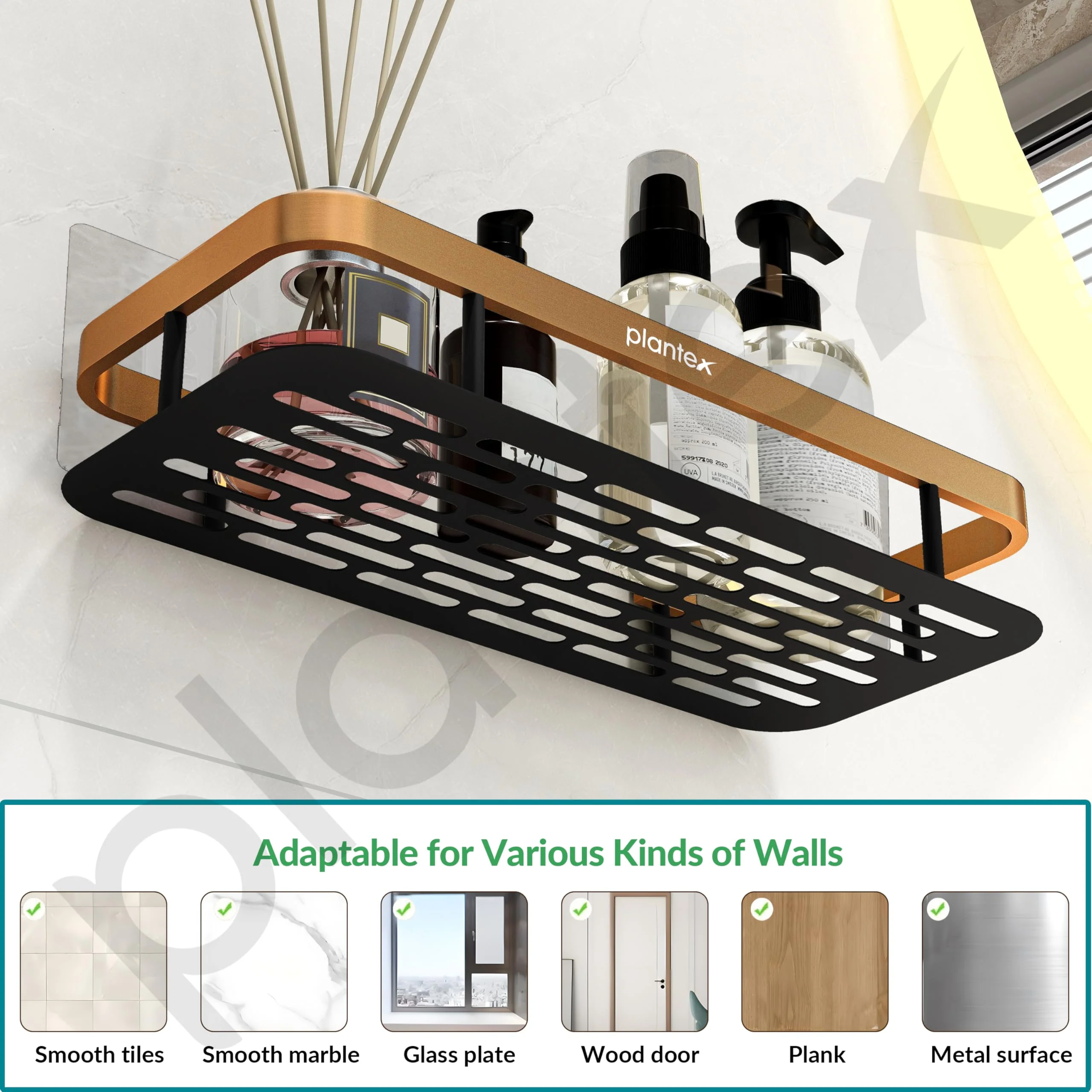 Plantex Bathroom Organiser Without Drill/Self Adhesive Aluminium Bathroom Shelf/Self Adhesive Shelf for Kitchen/Floating Storage Organiser (12x5 inches, Gold & Black) - Pack of 2 - Image 6