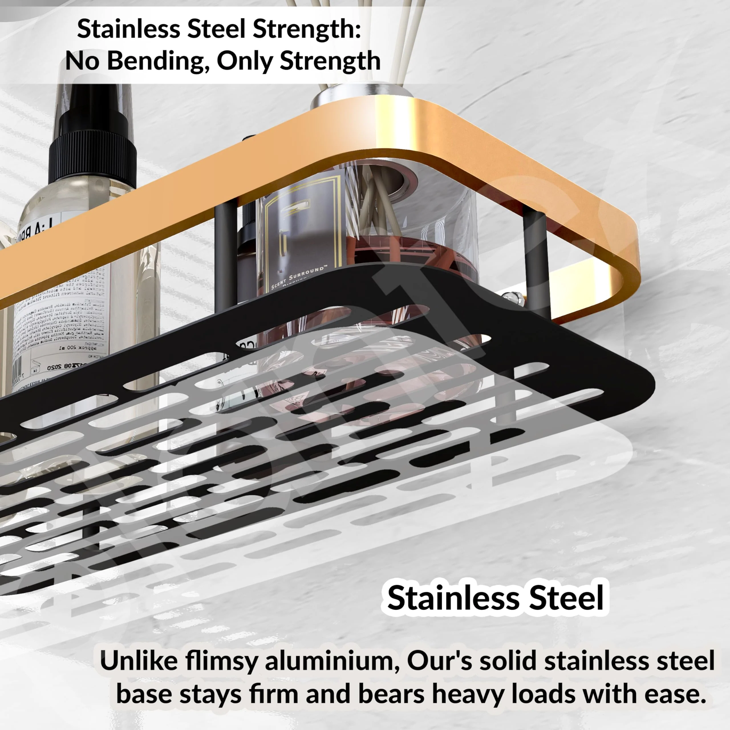 Plantex Bathroom Organiser Without Drill/Self Adhesive Stainless Steel Shelf for Bathroom with Aluminium Railing/Kitchen Shelf - Pack of 1 (12x5 inches, Gold & Black)Wall mount , Bracket shelf - Image 4