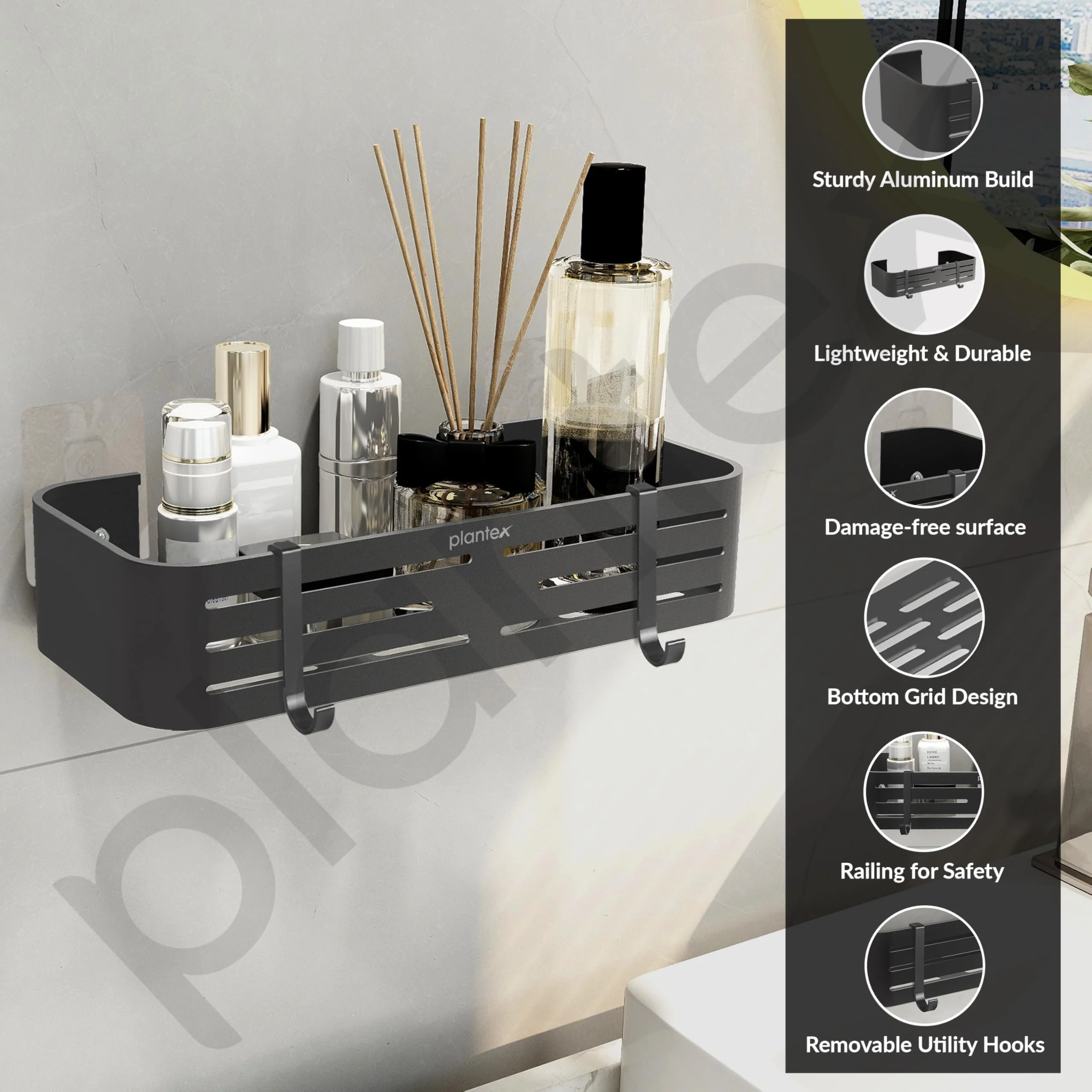 Plantex Bathroom Organizer Without Drill/Aluminium Wall Mounted Rack for Kitchen with Removable Hook/Self Adhesive Shelf for Bathroom- Pack of 1 (12 x 5 Inch - Matt Grey) - Image 4