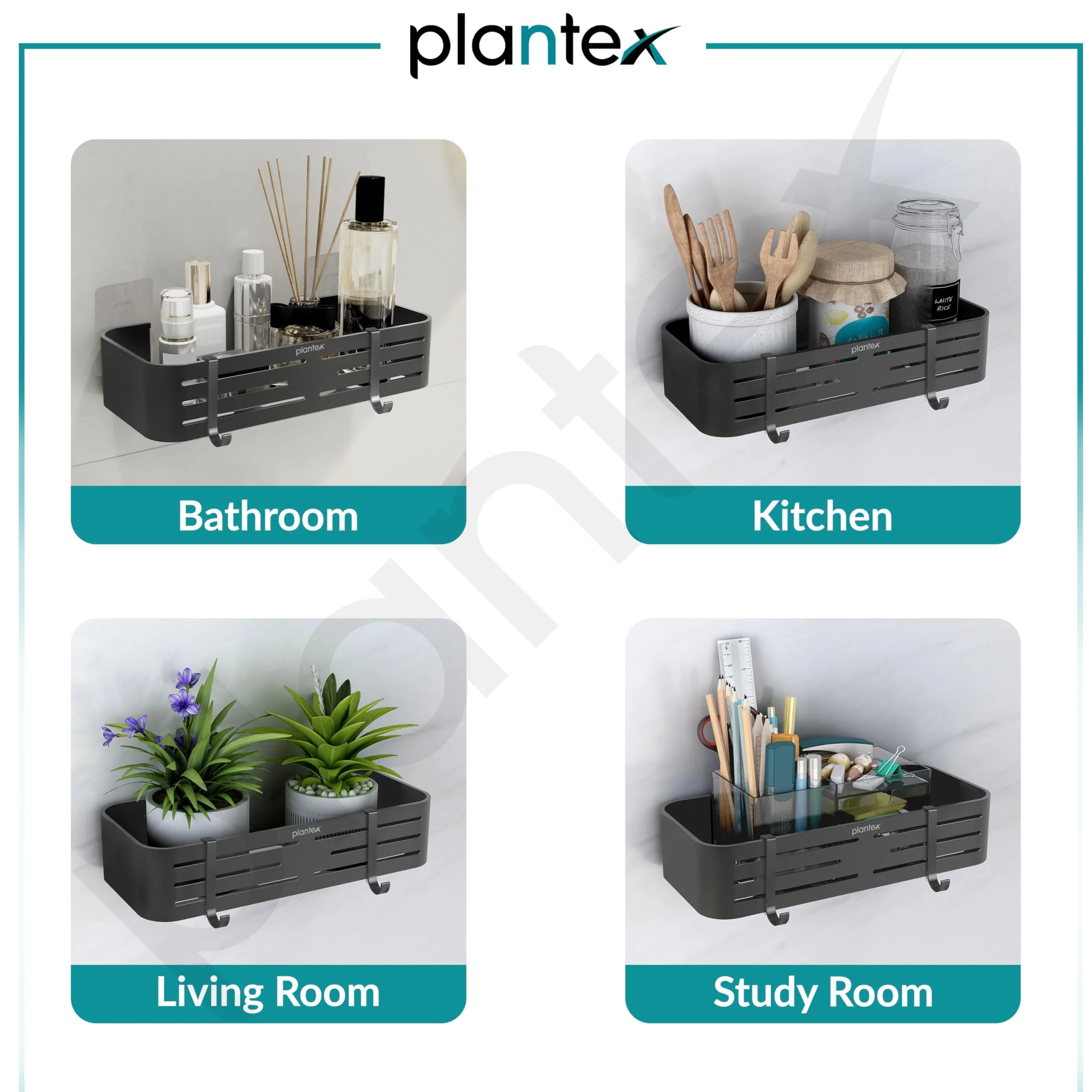 Plantex Bathroom Organizer Without Drill/Aluminium Wall Mounted Rack for Kitchen with Removable Hook/Self Adhesive Shelf for Bathroom- Pack of 1 (12 x 5 Inch - Matt Grey) - Image 5