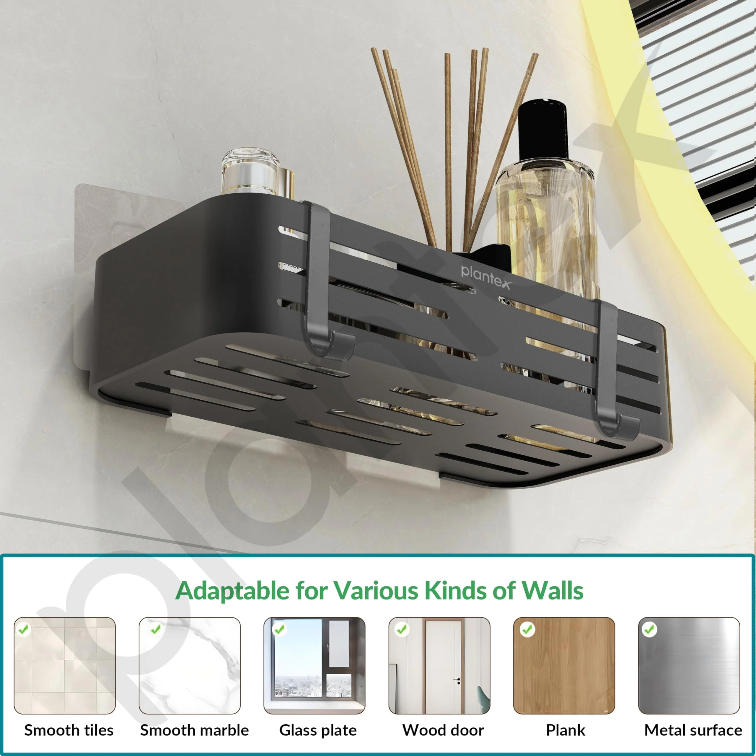 Plantex Bathroom Organizer Without Drill/Aluminium Wall Mounted Rack for Kitchen with Removable Hook/Self Adhesive Shelf for Bathroom- Pack of 1 (12 x 5 Inch - Matt Grey) - Image 6