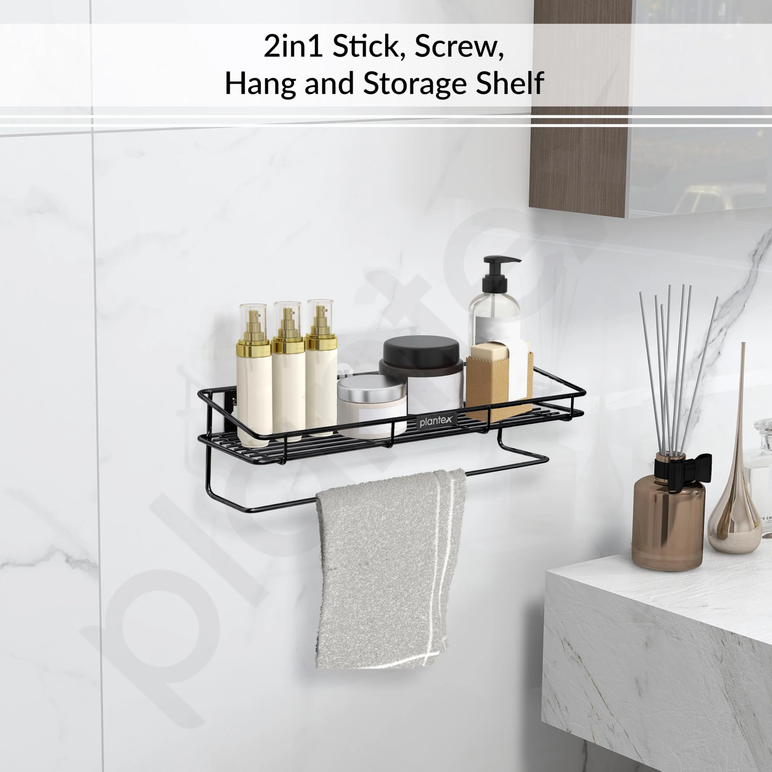 Plantex Bathroom Organizer Without Drill/GI Steel Multipurpose Bathroom Shelf/Wall Mounted Storage Rack/Towel Holder/Self Adhesive Bathroom Shelf- Wall Mount (Black) - Image 7