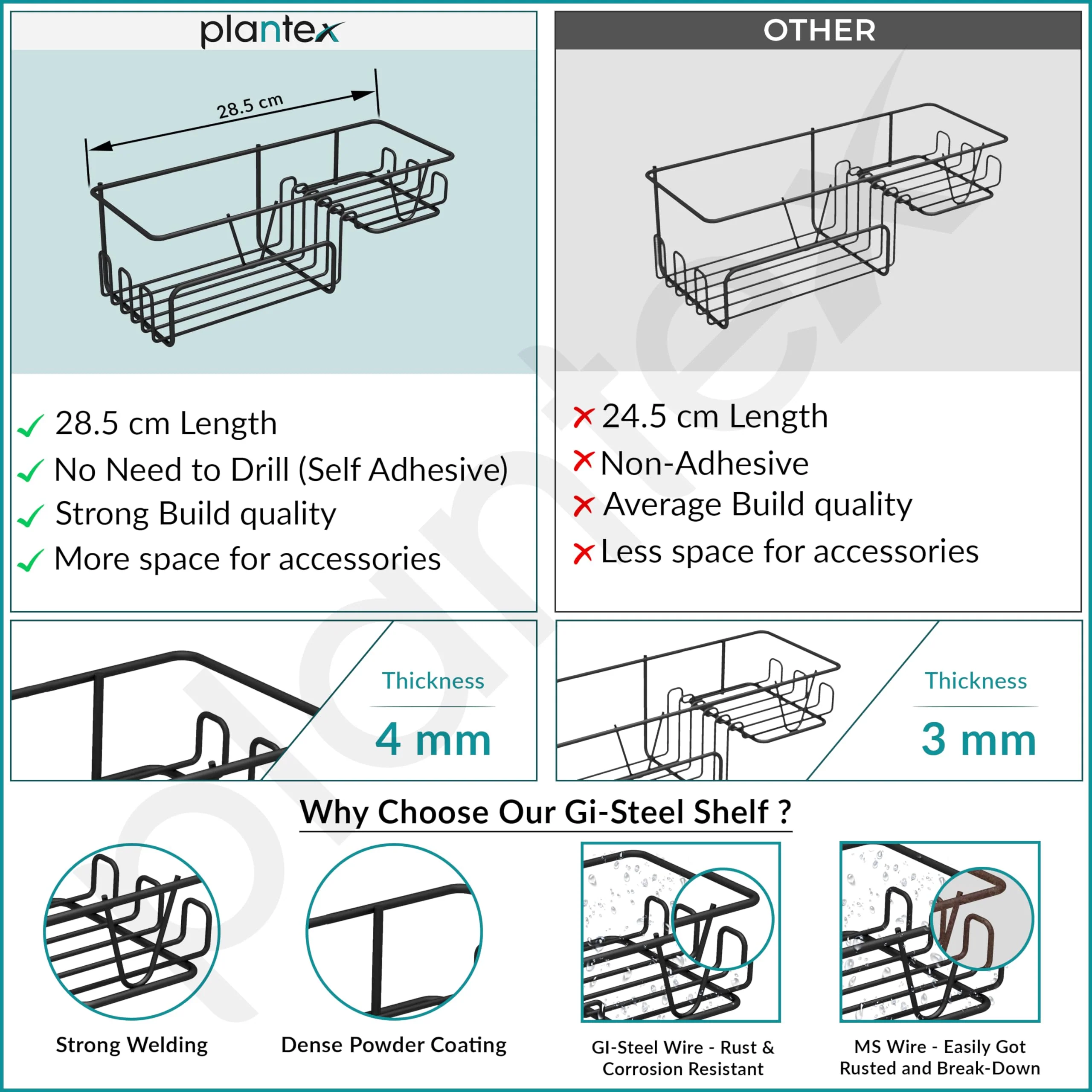 Plantex Bathroom Shelf for Wall Adhesive/GI Steel Bathroom Soap Stand with Side Hooks & Magic Sticker/Bathroom Organiser Without Drill (Black, Powder Coated) - Image 4