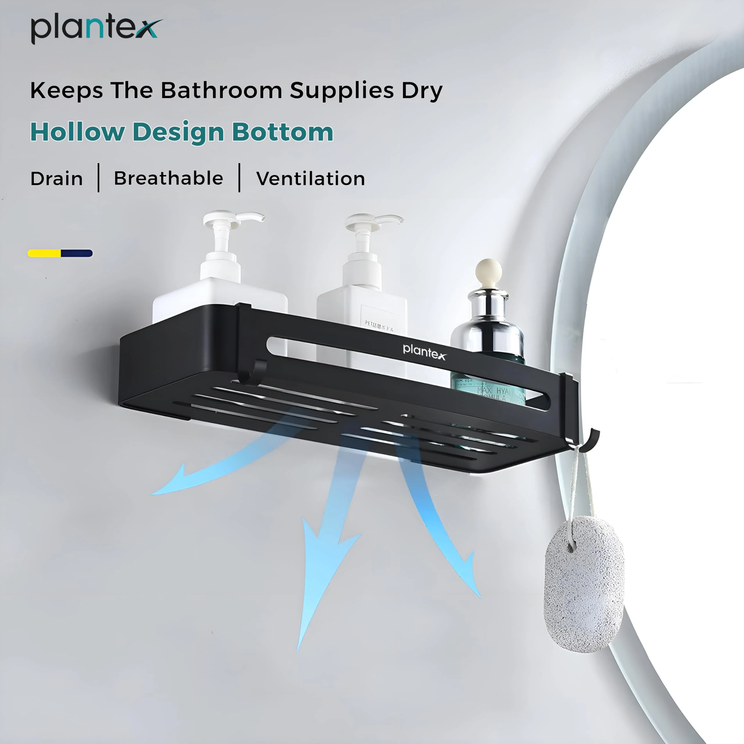 Plantex Bathroom Shelf for Wall/Space Aluminium Wall Mounted Shelf for Bathroom with Removable Hooks/Floating Shelf/Bathroom Organiser - 12x5 inches, Black (Pack of 1) - Image 5