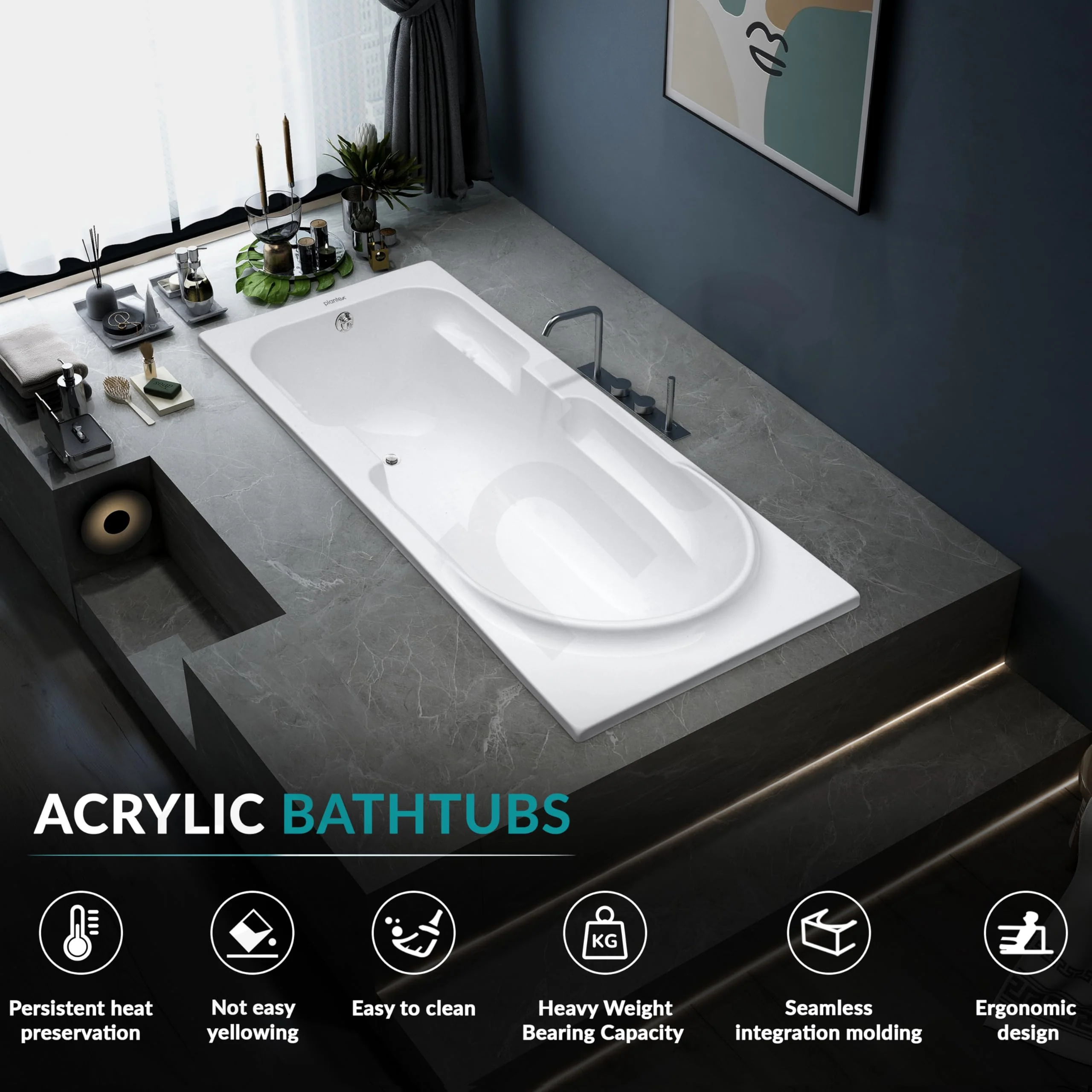 Plantex Bathtub For Bathroom/Bath tub for Adults/Deep Soaker Bathtub with Overflow and Waste Coupling Accessories (White - 1670 mm) - Image 2