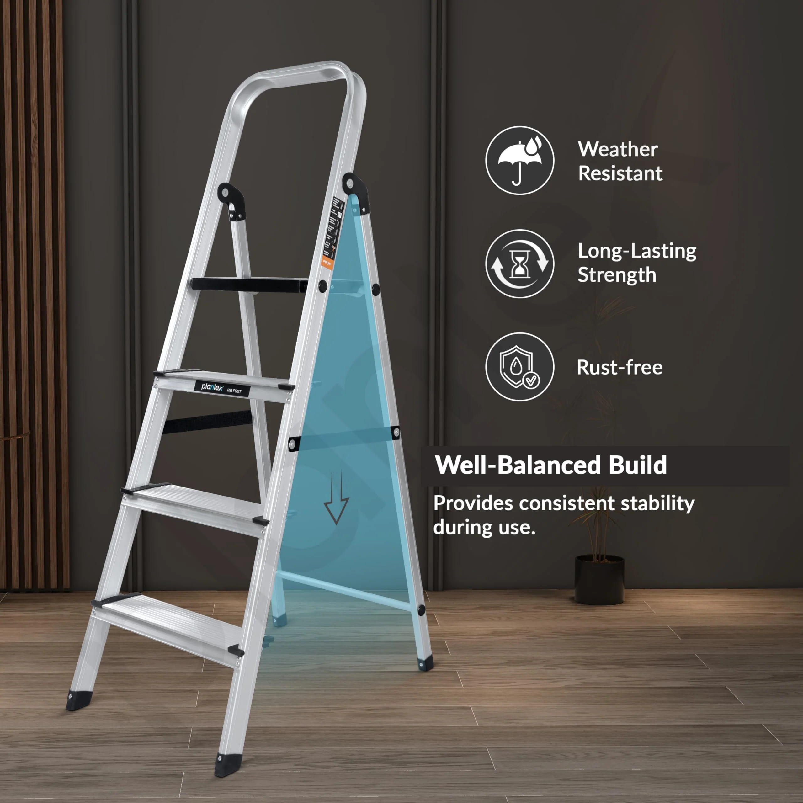 Plantex Big Foot 4 Step Ladder for Home/Fully Aluminium Folding Ladder/Wide Anti-Skid Steps (Black-Silver) - Image 5