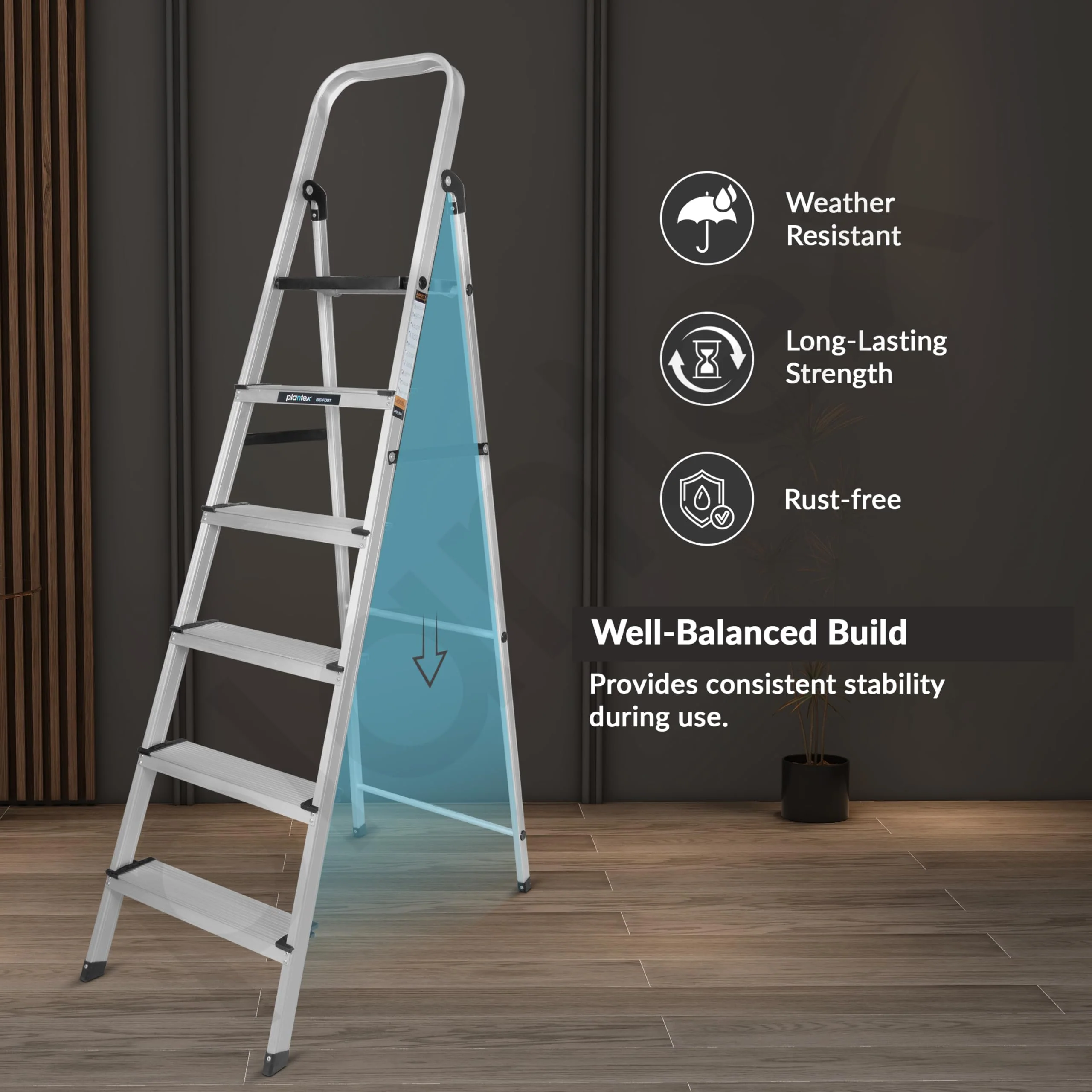Plantex Big Foot 6 Step Ladder for Home/Aluminium Folding Ladder/Wide Anti-Skid Steps/Multipurpose Use (Black-Silver) - Image 5
