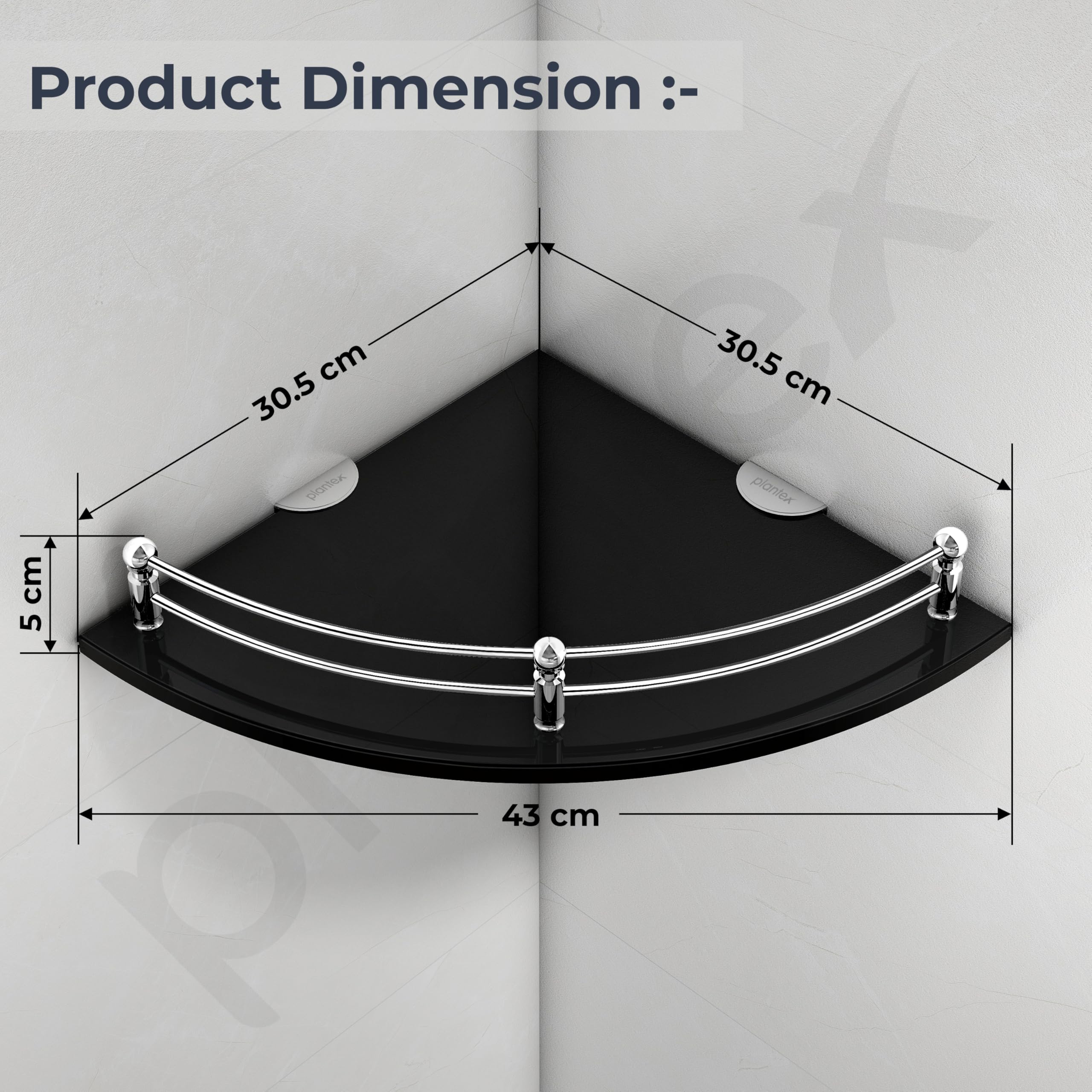 Plantex Black Glass Corner Shelf for Bathroom/Living Room Corner Shelf Wall Mount with Stainless Steel Railings and Brackets - Premium Bathroom Accessories (12 x 12 Inches - Pack of 1) - Image 3