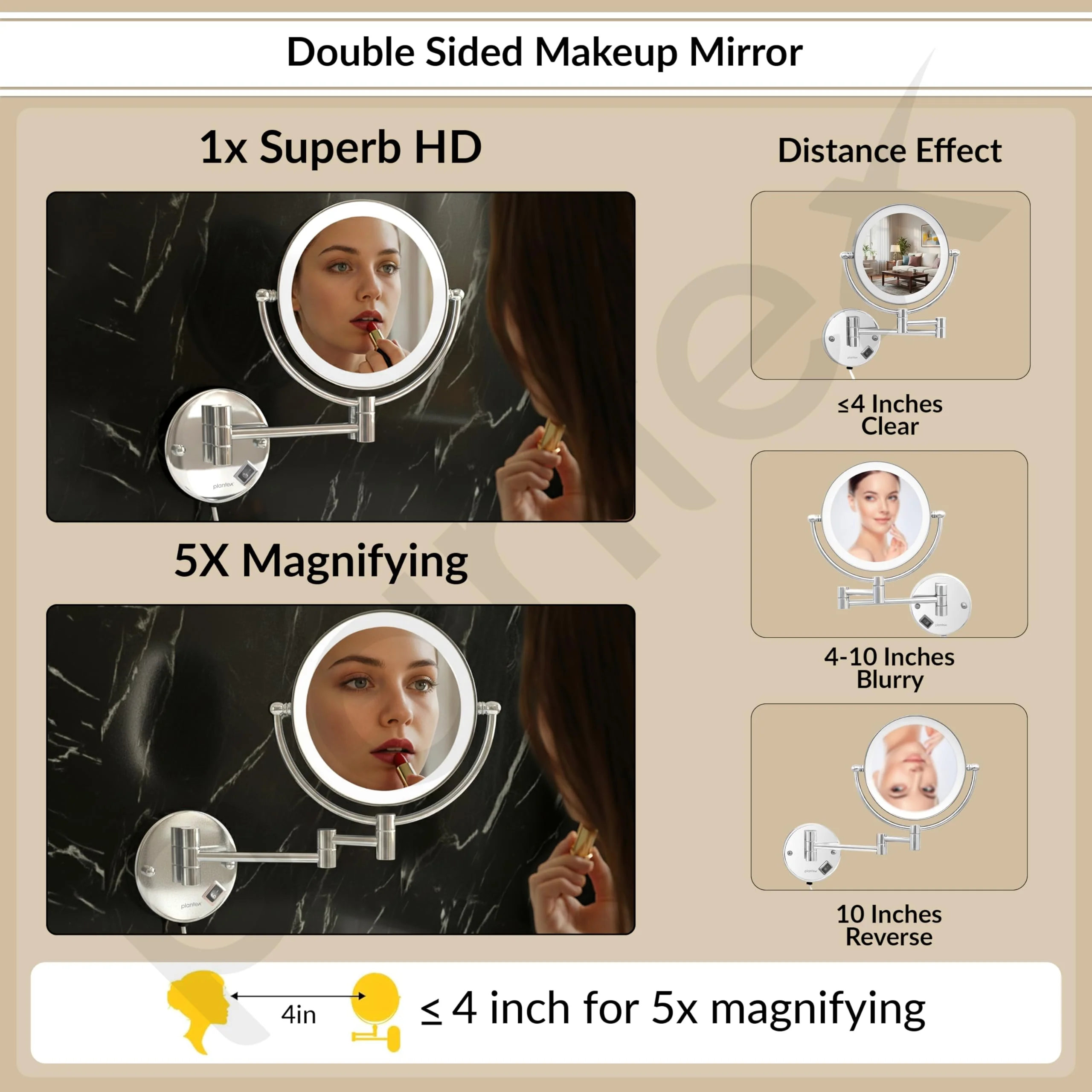 Plantex Brass and 304 Stainless-Steel Magnifying Mirror with LED/Makeup Mirror with Light/Zoom Mirror- 5x/1x Magnification (8 Inch-Chrome/Wall Mount) - Image 2