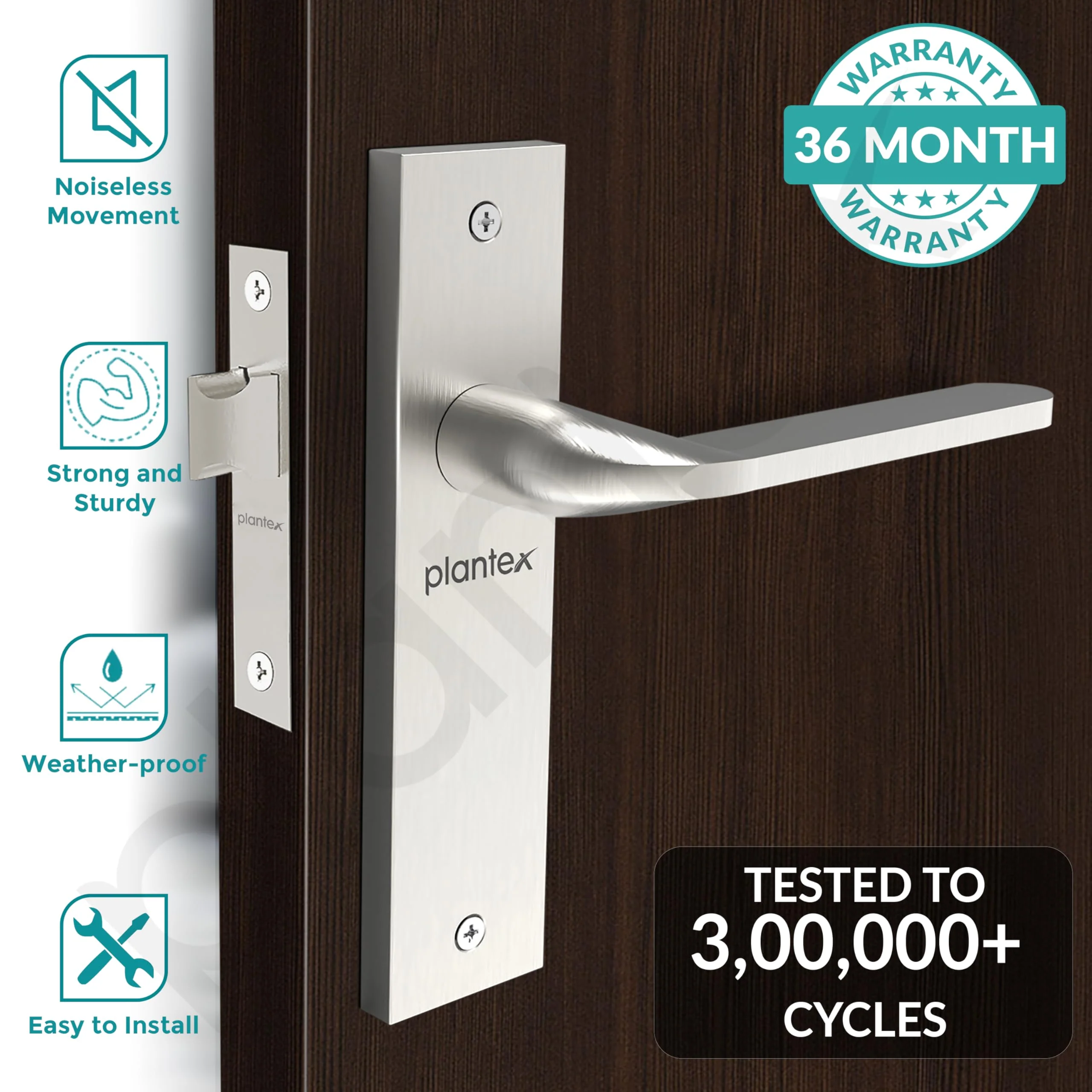 Plantex Brass Heavy Duty Door Lock Bathroom Door Lock/Mortise 8Inch Keyless Plate Handle Set For Home/Bathroom/Store Room/Balcony/Office With Baby Latch (8060, Matt), Silver - Image 2