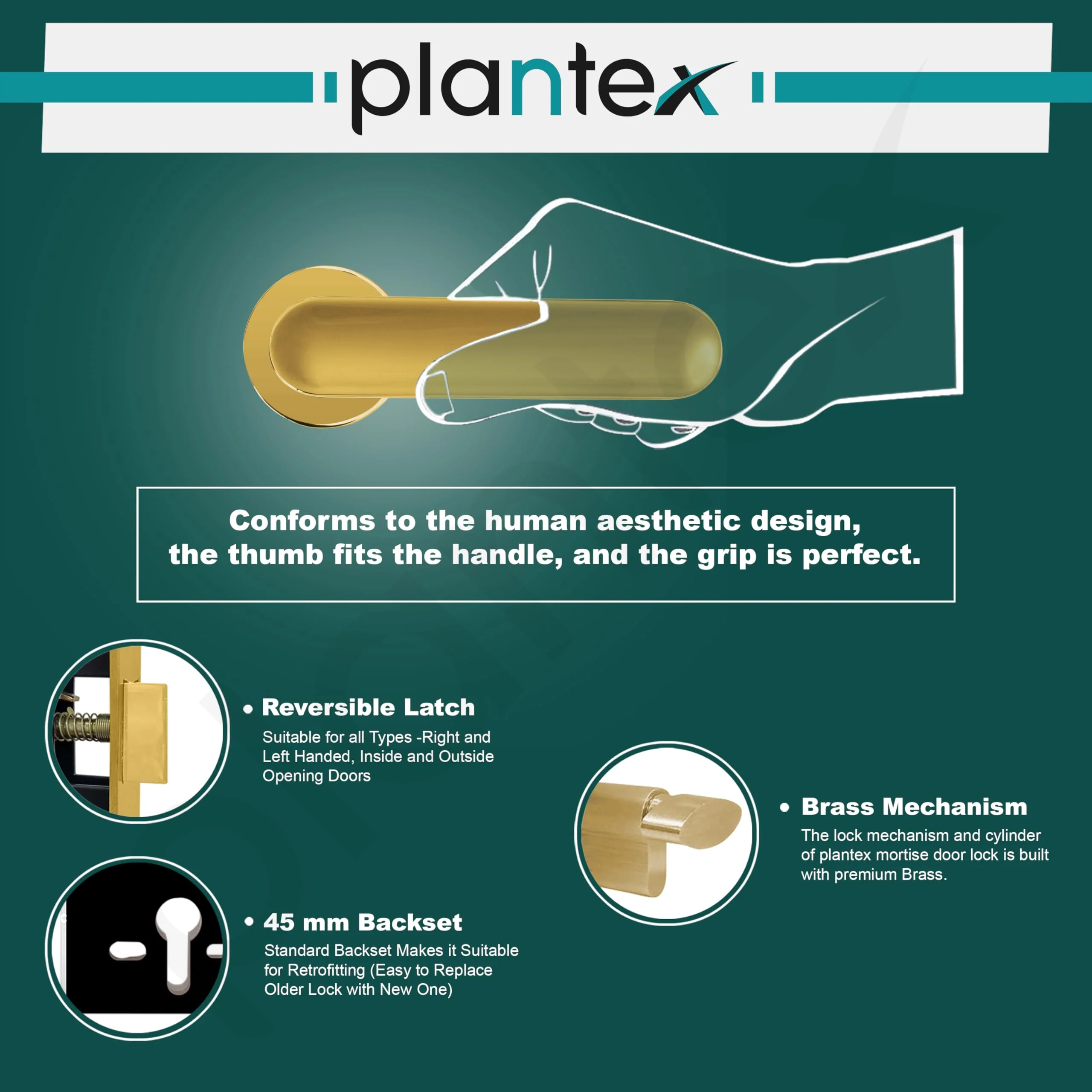 Plantex Brass Premium Door Lock With 3 Years Warranty - Main Door Knob for Home, Mortise Lock Set With PVD Gold Finish - Image 4