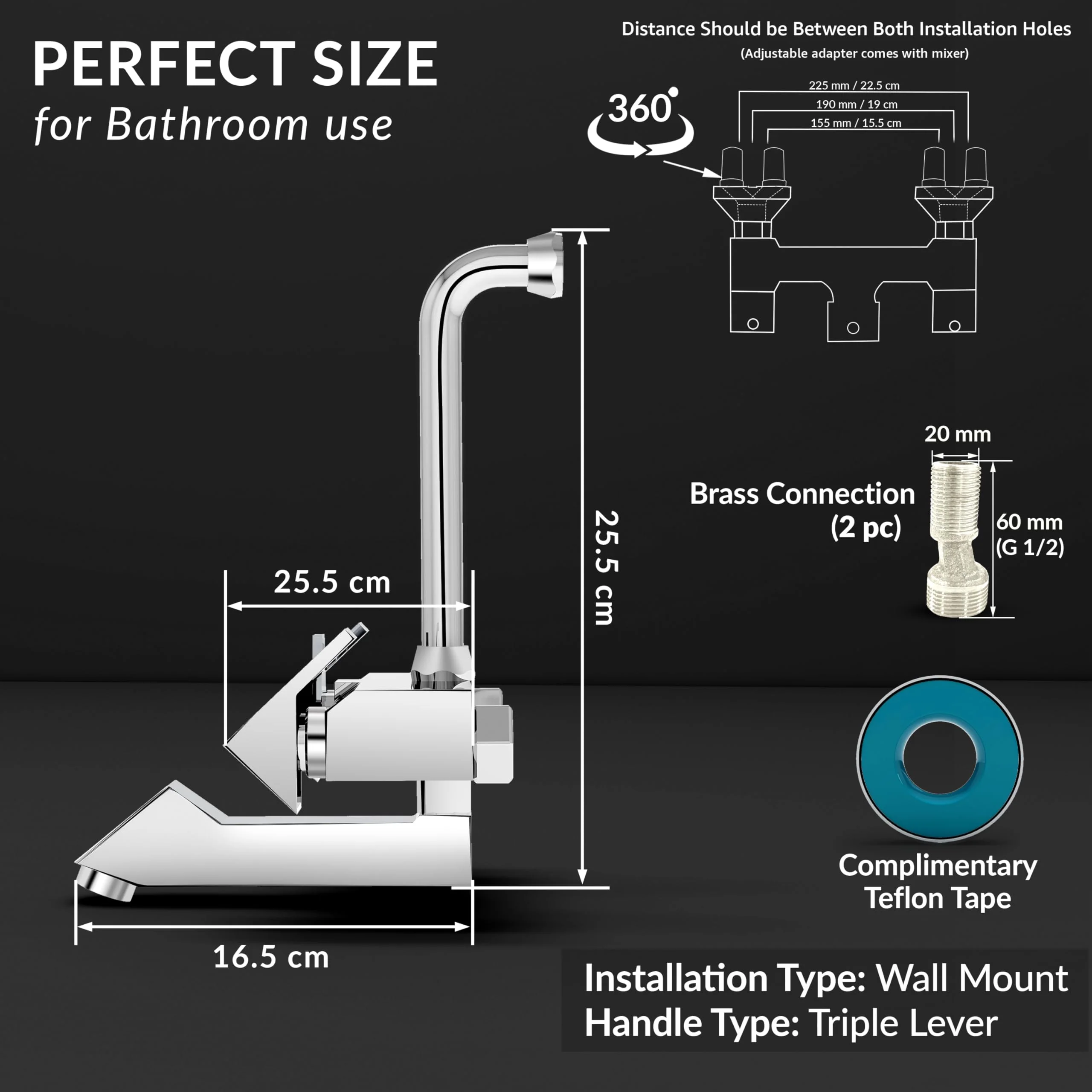 Plantex Brass Wall Mixer for Bathroom with L-Bend Connector for Overhead Shower/Mixer Tap/Wall Mixer for Bathroom 2 in 1 with 7-Year Manufacturer's Warranty- (Pri-318-Chrome) - Image 4