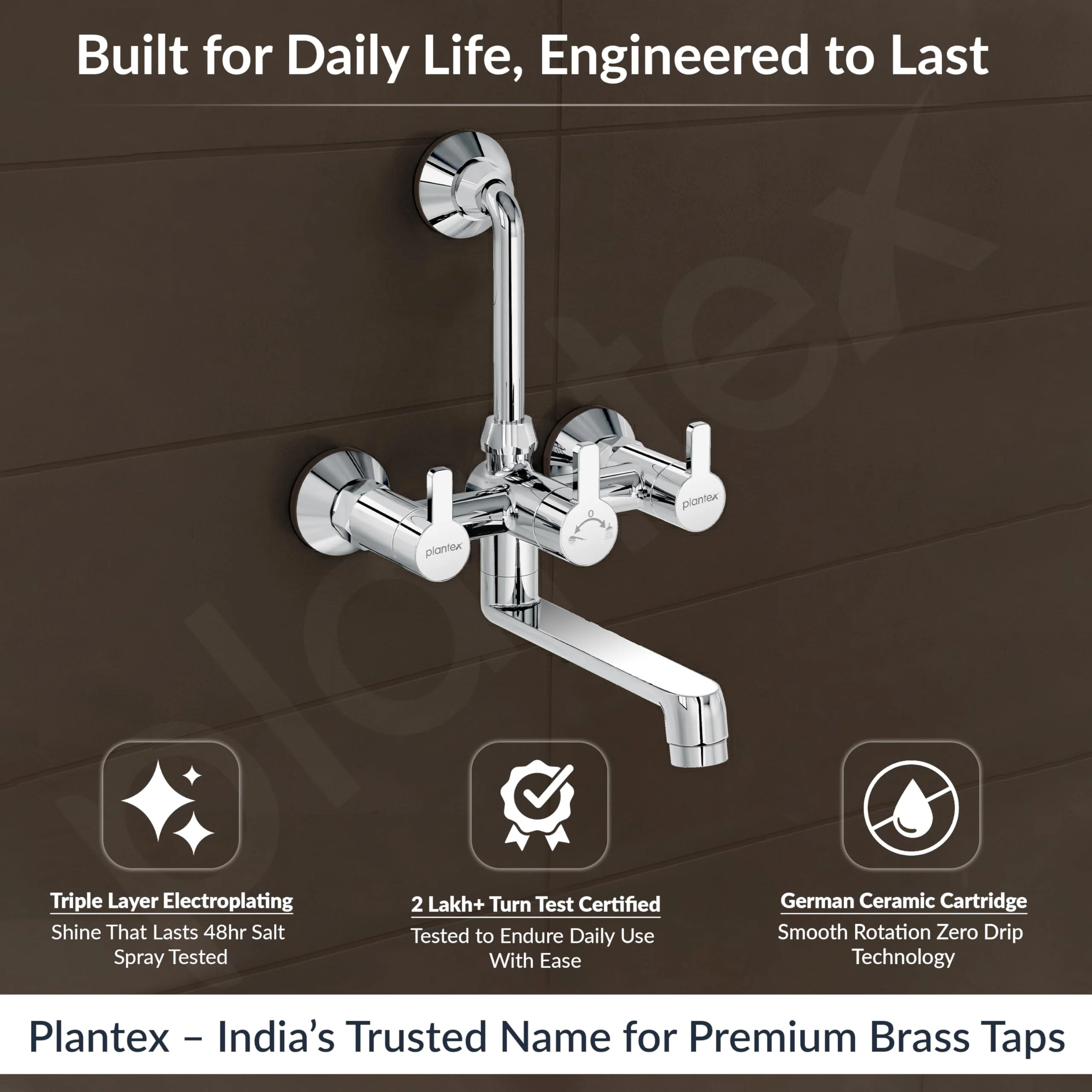Plantex Brass Wall Mixer for Bathroom with L-Bend Connector for Overhead Shower/Mixer Tap/Wall Mixer for Bathroom 2 in 1 with 7 Year Manufacturer's Warranty(FLO-818-Chrome) - Image 2