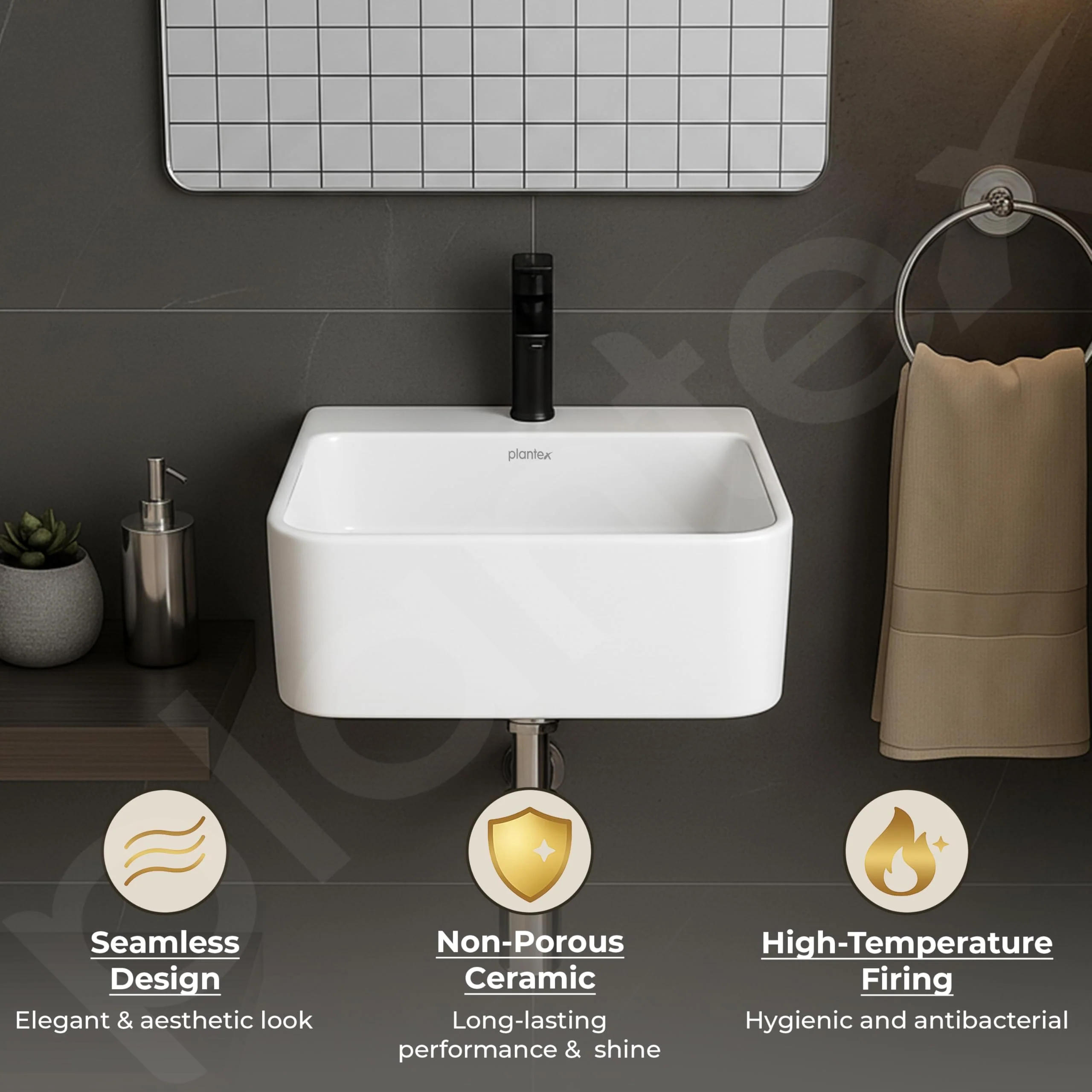 Plantex Ceramic Basin for Bathroom/One Piece Wash Basin for Bathroom with 10 Years Glaze Warranty by Plantex/Wall Mount Wash Basin for Home/Office/Hotels (White - 14 x 14 x 6 Inch) - Image 6