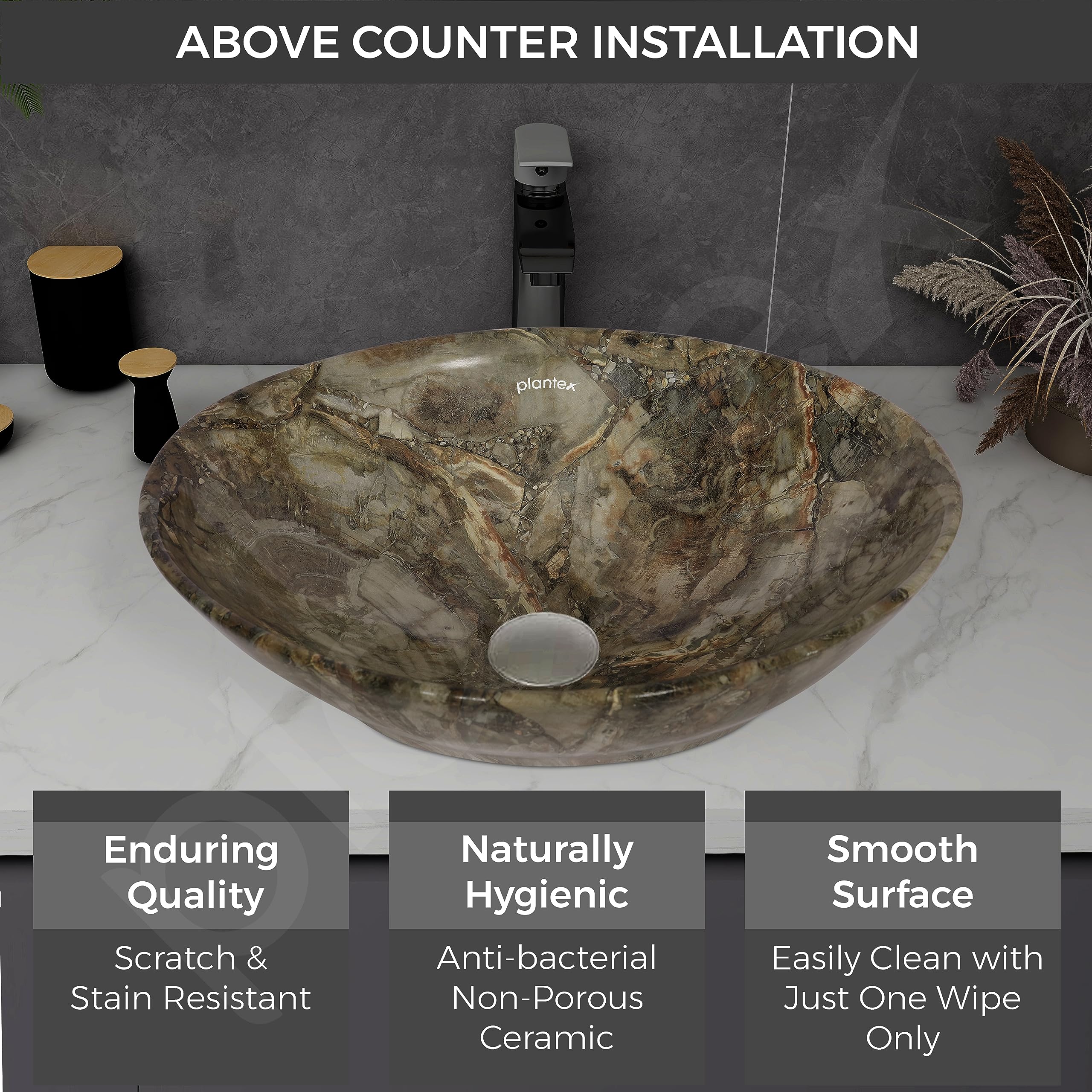 Plantex Ceramic Basin for Bathroom/Table Top Ceramic Basin/Washbasin for Bathroom (BOAT-NS-525-Marble Finish, 16 x 13 x 5.5 Inch) - Image 4