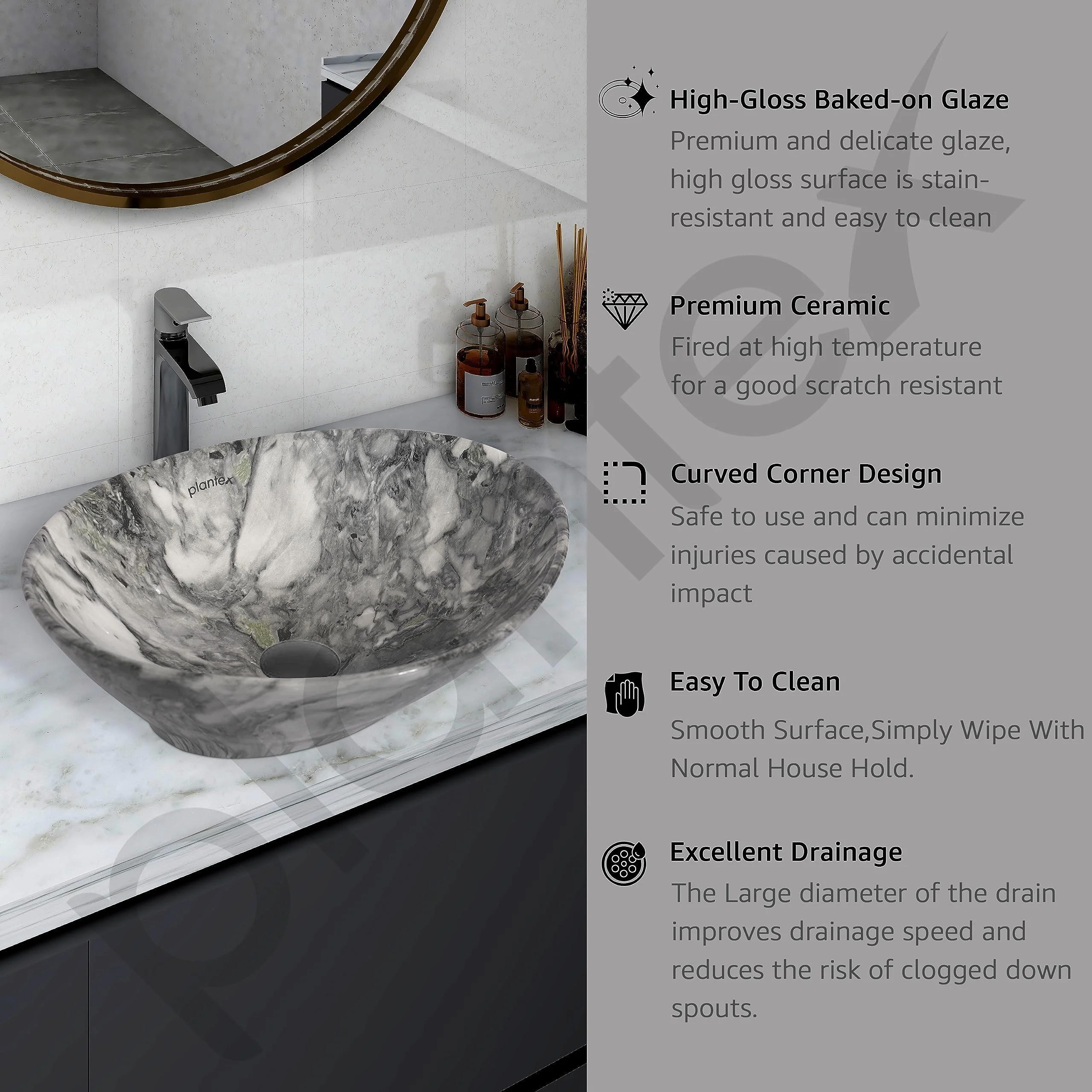 Plantex Ceramic Basin for Bathroom/Table Top Ceramic Basin/Washbasin for Bathroom - (BOAT-NS-552-Marble Finish, 16 x 13 x 5.5 Inch) - Image 3
