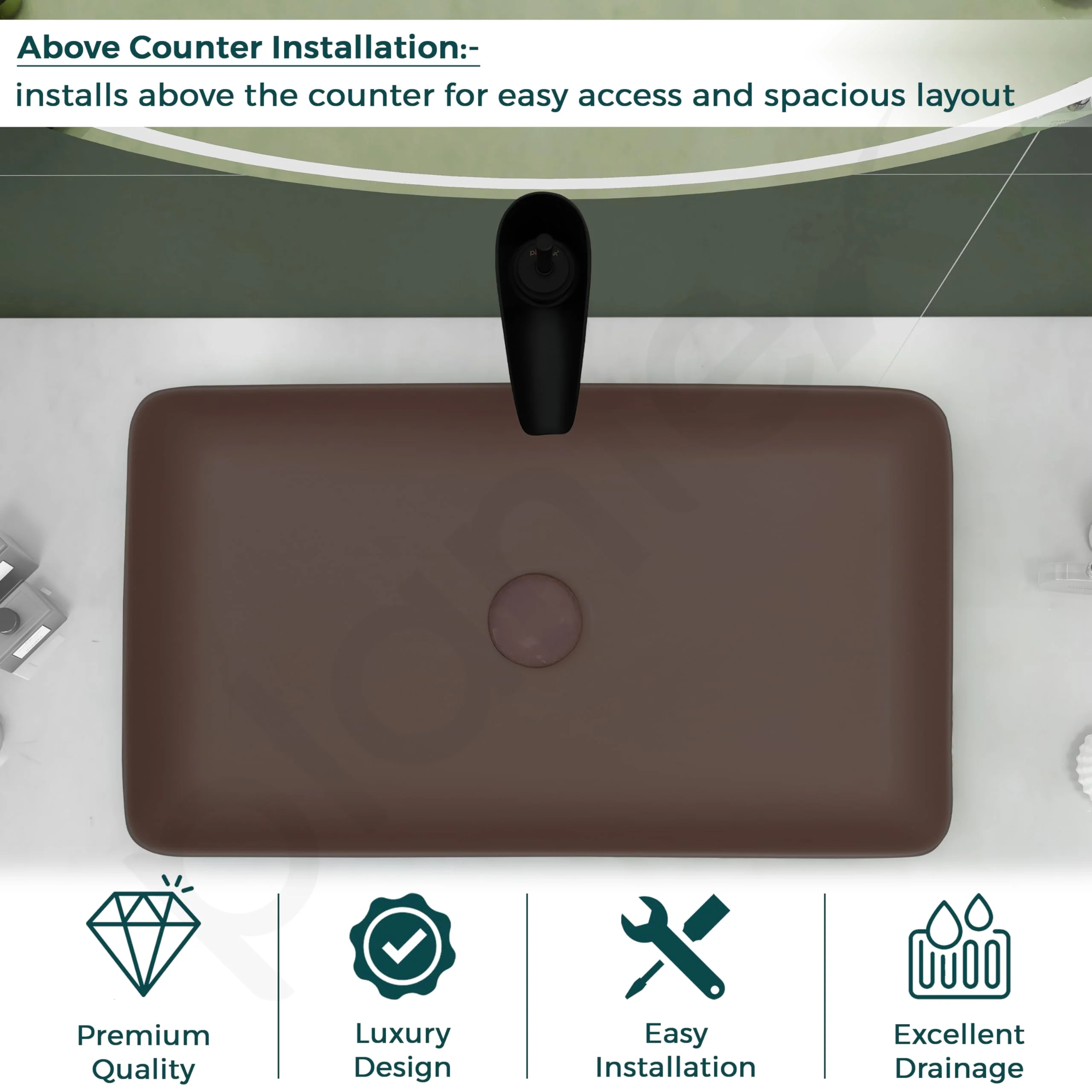 Plantex Ceramic Basin for Bathroom/Table Top Ceramic Basin/Washbasin Sink for Bathroom - (Rectangle - Matt Brown) - Image 3