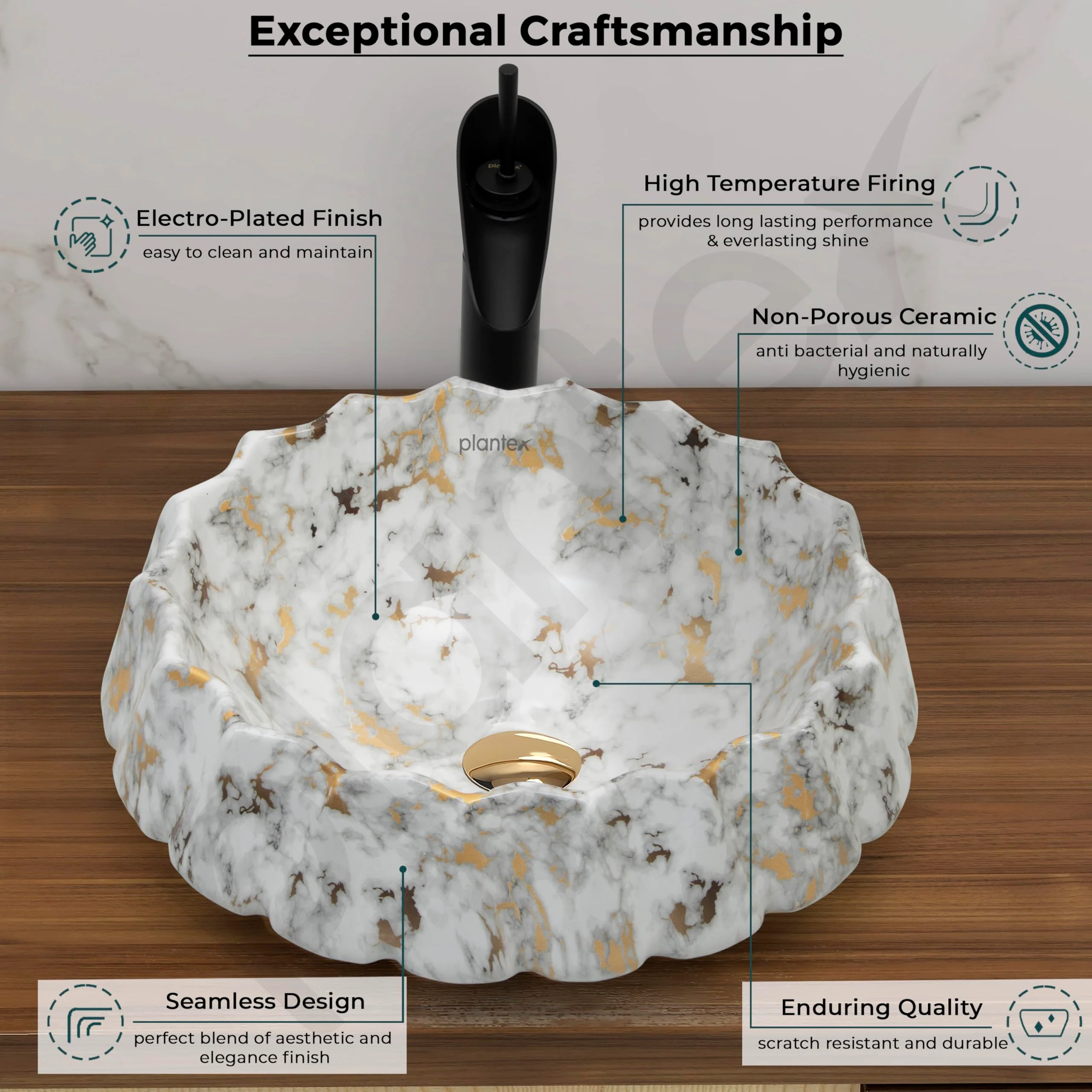 Plantex Ceramic Basin for Bathroom/Table Top Wash Basin/Washbasin for Living Room, Restaurant (Marble Finish, 17 x 15 x 6 Inch) - Image 4